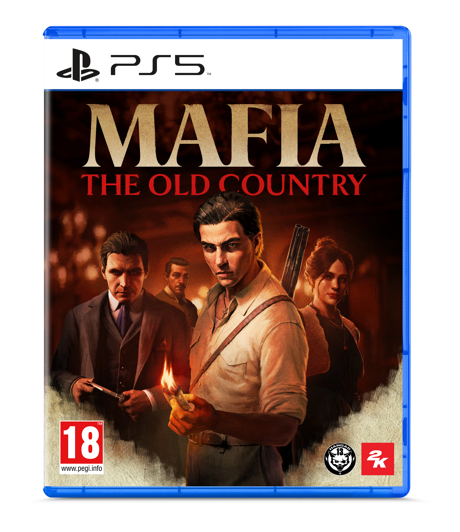 Mafia: The Old Country oyun kapağı. Takım elbiseli adamlar, biri kibrit tutuyor. Üstte PS5 logosu, altta 18 derecelendirmesi.