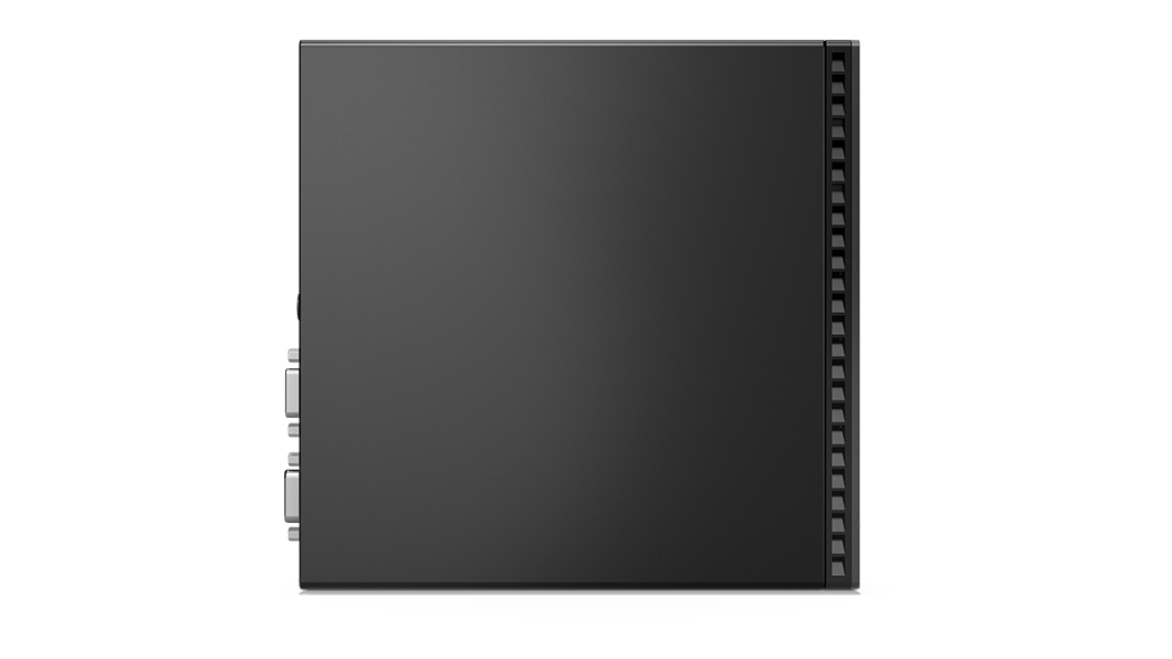 Ein schwarzes, rechteckiges Computergehäuse, das sich vor einem weißen Hintergrund befindet. Es hat Anschlüsse links und Lüftungsschlitze rechts.