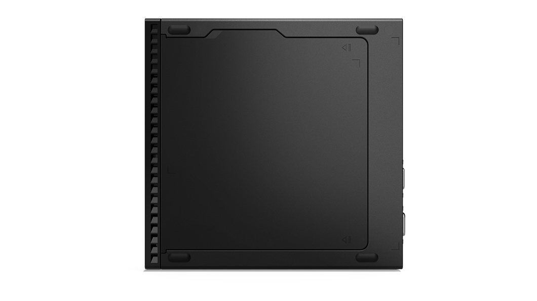 Ein schwarzes Desktop-Computergehäuse wird gezeigt. Es hat eine rechteckige Form mit abgerundeten Ecken und Belüftung auf der linken Seite.