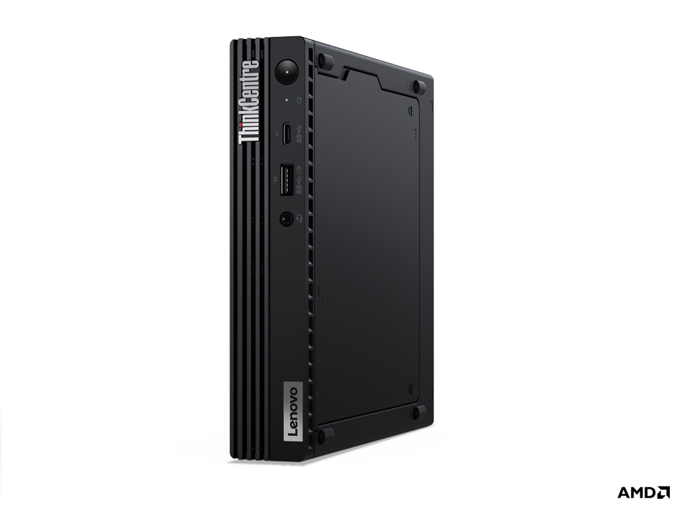 Ein schwarzer Lenovo ThinkCentre Desktop-Computer. Er hat das Lenovo-Logo und die ThinkCentre-Marke. Der Computer ist vertikal positioniert.