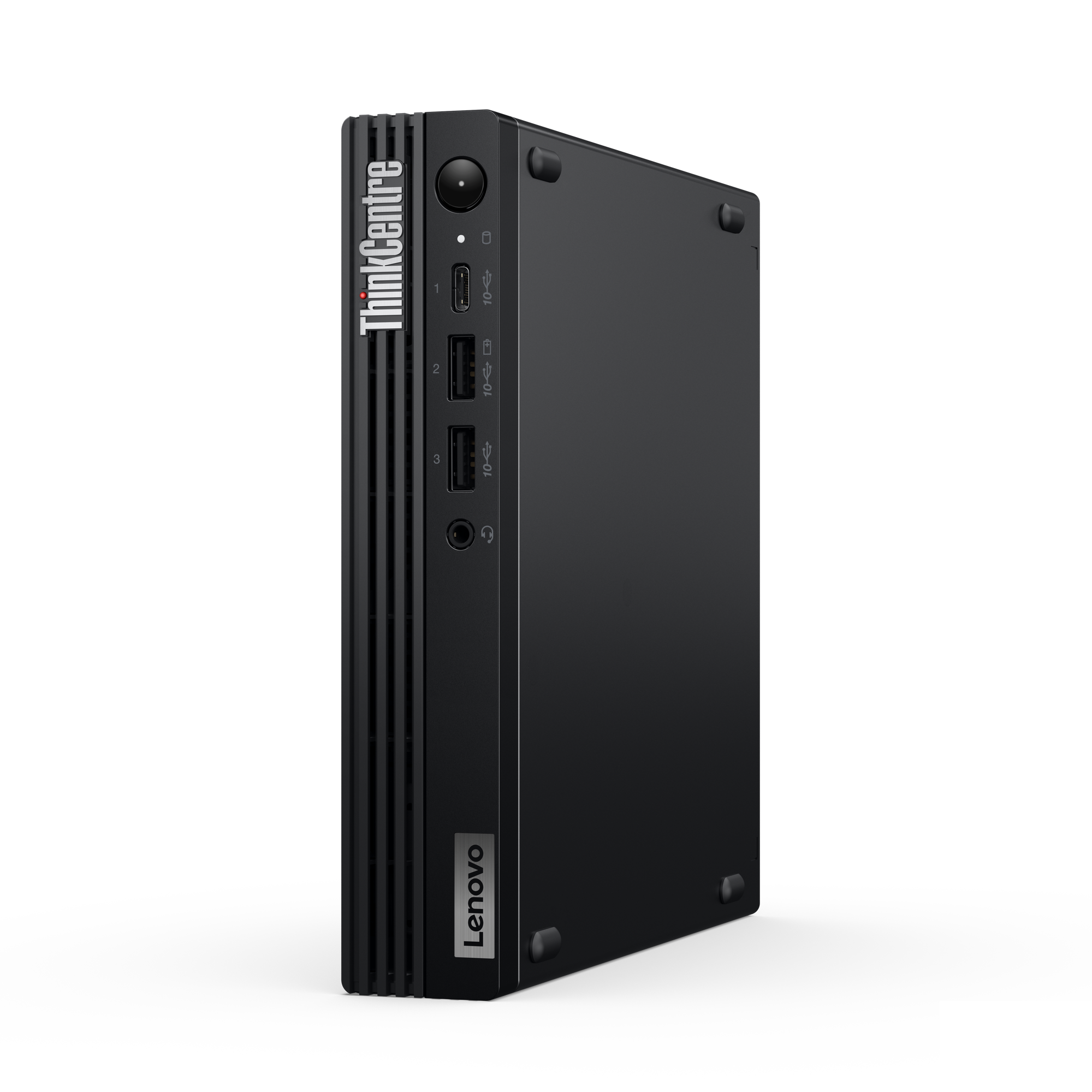 Schwarzer Lenovo ThinkCentre Computer. Hat ThinkCentre- und Lenovo-Logos, mehrere Anschlüsse und einen Power-Button. Schwarzer Hintergrund.