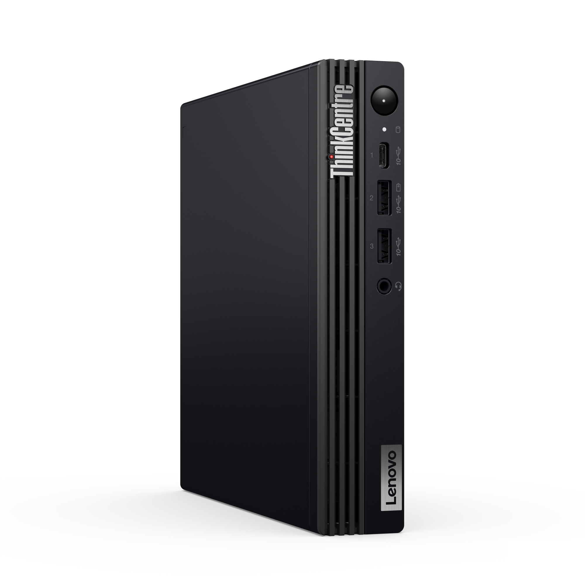 Ein schwarzer Lenovo ThinkCentre Desktop-Computer. Die Vorderseite hat Anschlüsse und das ThinkCentre-Logo. Der Hintergrund ist schwarz.