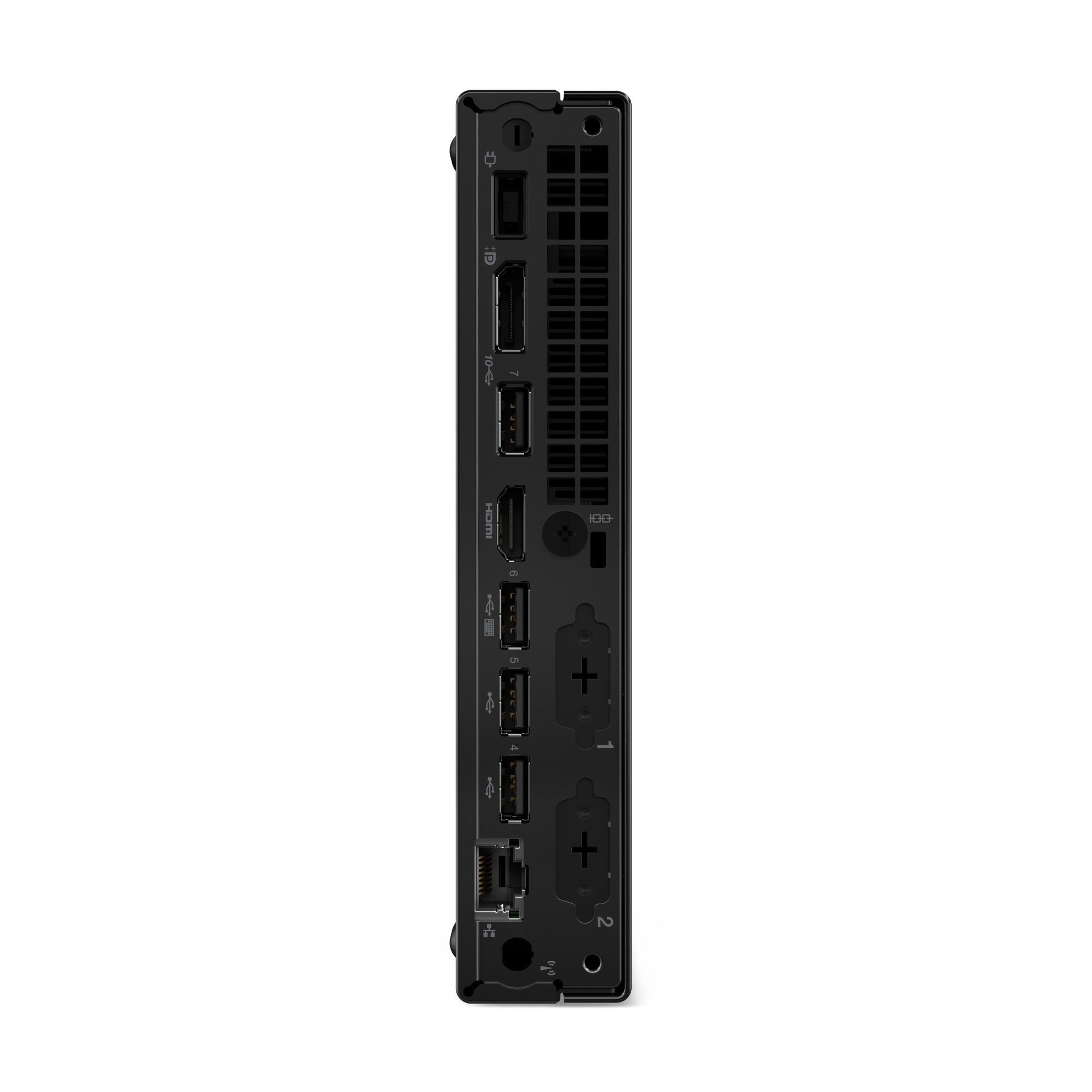 Ein schwarzer Computer mit verschiedenen Anschlüssen und Lüftungsschlitzen vor schwarzem Hintergrund. Anschlüsse umfassen USB, HDMI und Strom.