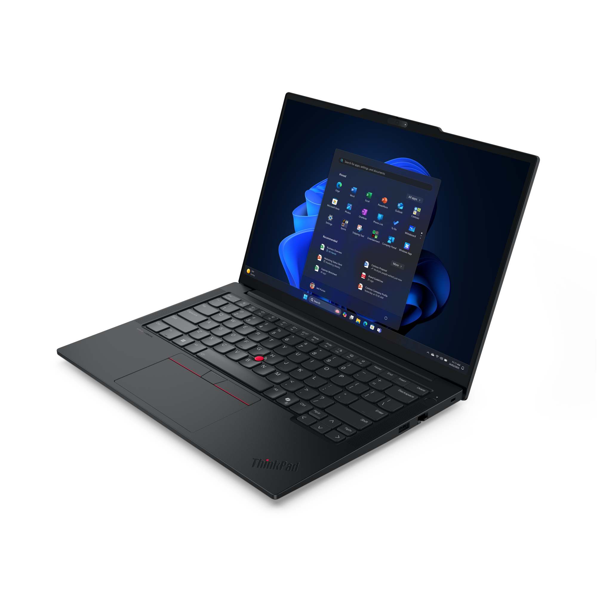 Fekete ThinkPad laptop fekete felületen. A képernyőn a Windows 11 kezdőképernyője látható alkalmazásikonokkal.