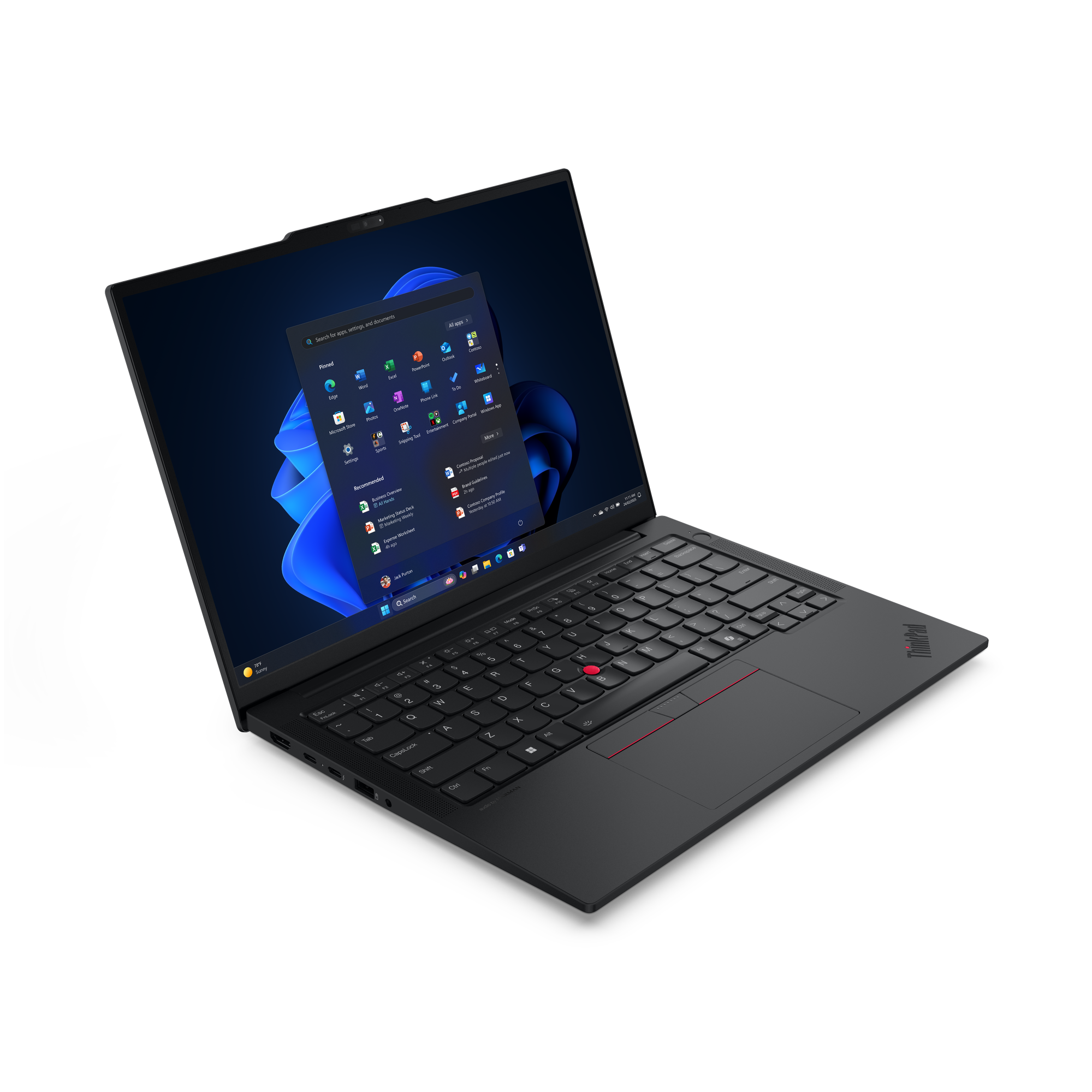 Fekete ThinkPad laptop nyitva, Windows alkalmazásokat mutat a képernyőn. Billentyűzet és touchpad látható. Fekete háttér.