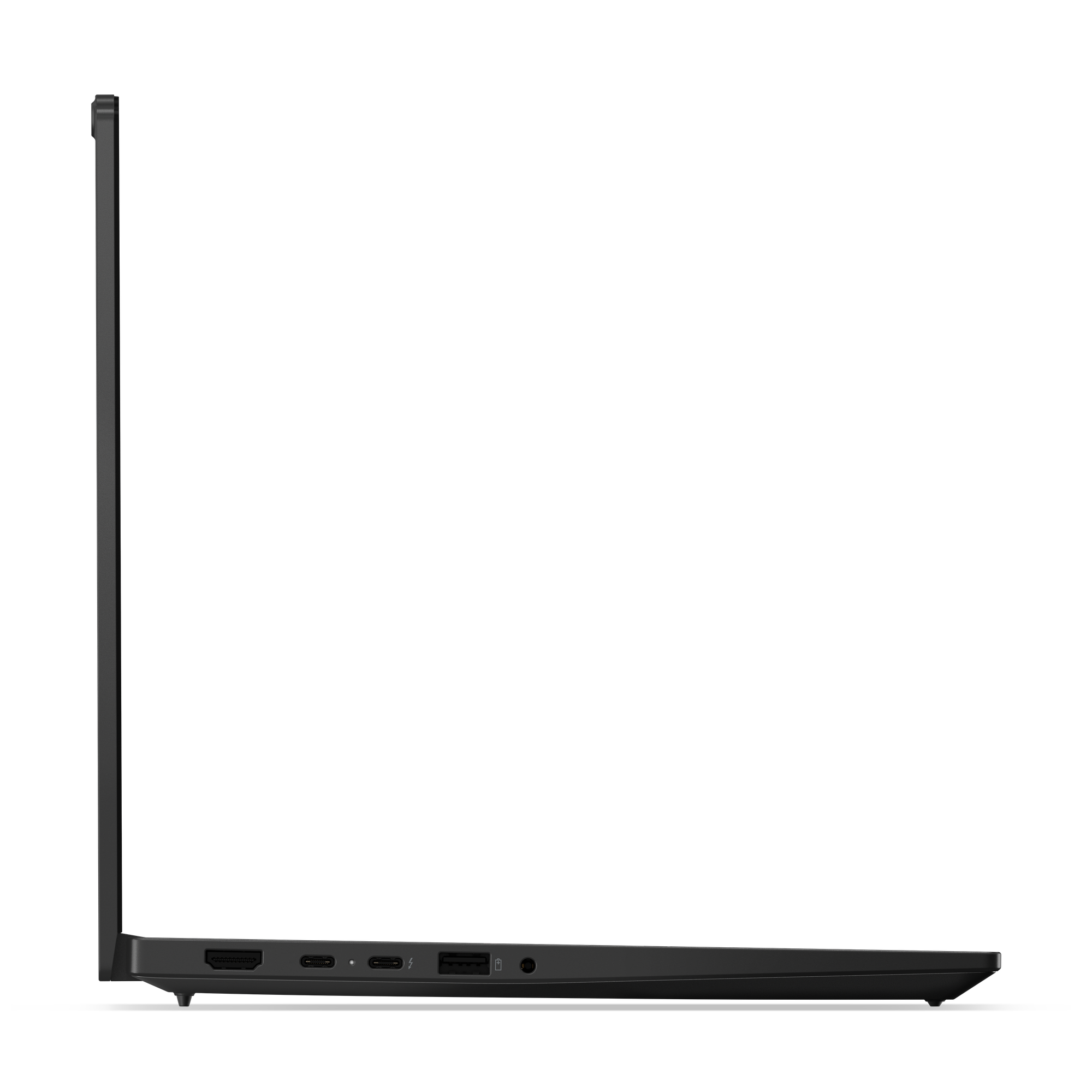 Fekete laptop oldalsó nézete. A képernyő nyitva van. Portok láthatók. Fekete háttér.