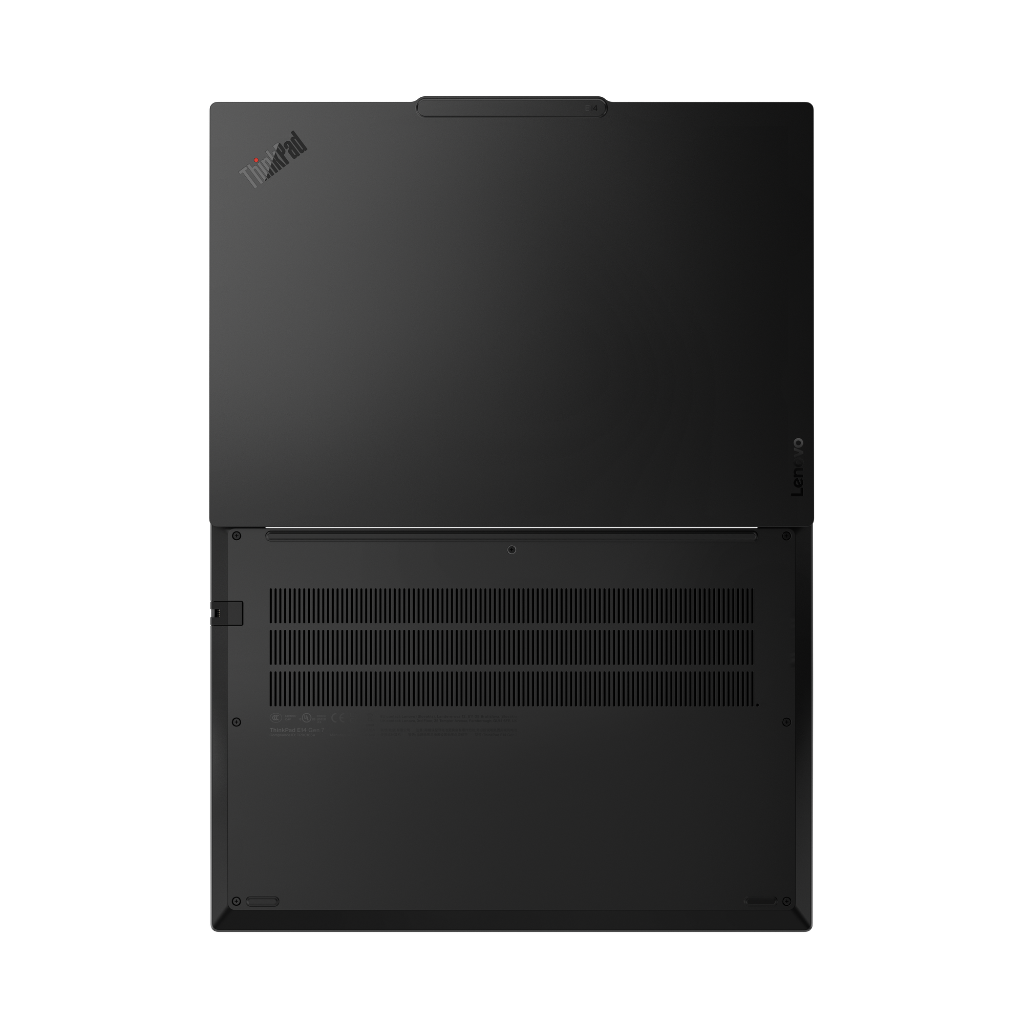 Fekete ThinkPad laptop nyitva, a billentyűzetet mutatja. A Lenovo logó oldalt, a ThinkPad logó felül látható.