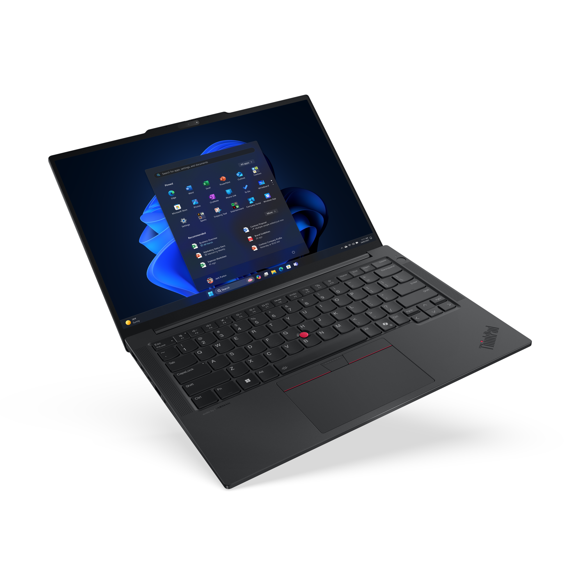 Egy fekete ThinkPad laptop nyitva van, a Windows 11 felületét mutatva. A billentyűzet látható, a képernyőn alkalmazásikonok láthatók.