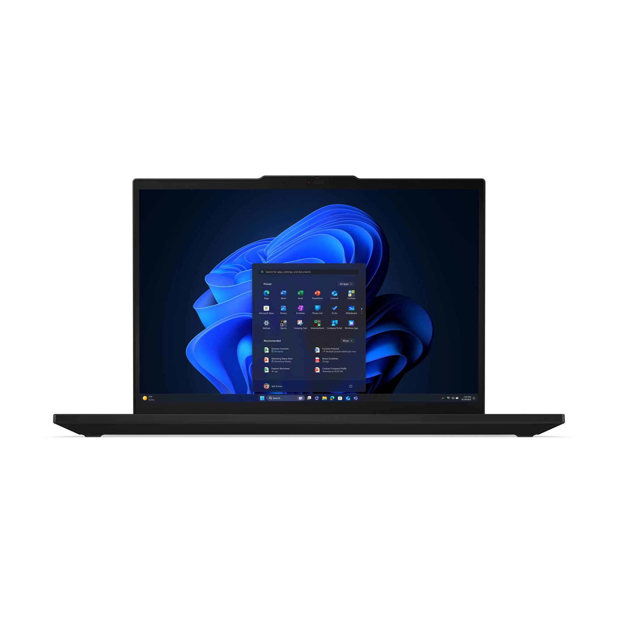 Ein Laptop zeigt das Windows 11 Startmenü. Apps sind sichtbar, darunter Edge, Word, Excel und Fotos, vor dunklem Hintergrund.