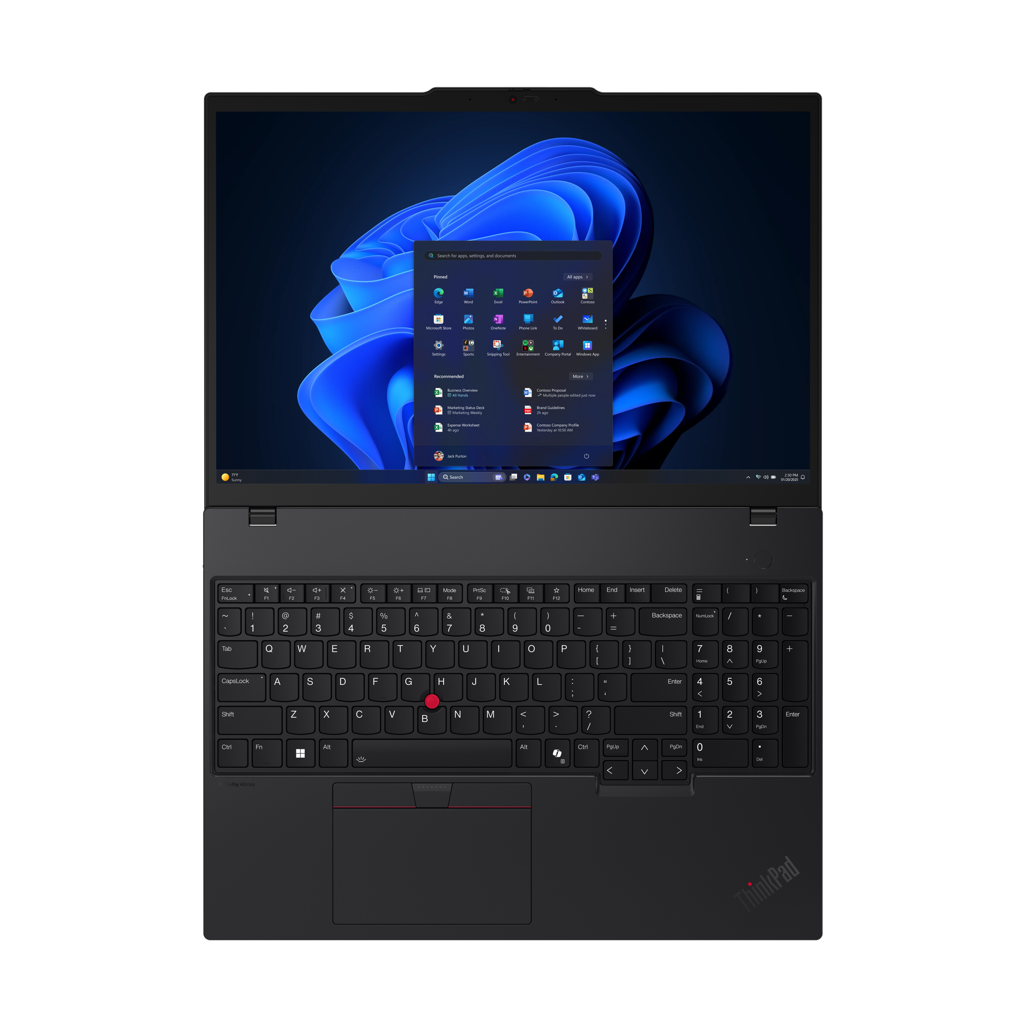 Schwarzer Laptop mit geöffneter Windows 11-Oberfläche. Tastatur vorne. Der Bildschirm zeigt App-Symbole und einen blauen Hintergrund.