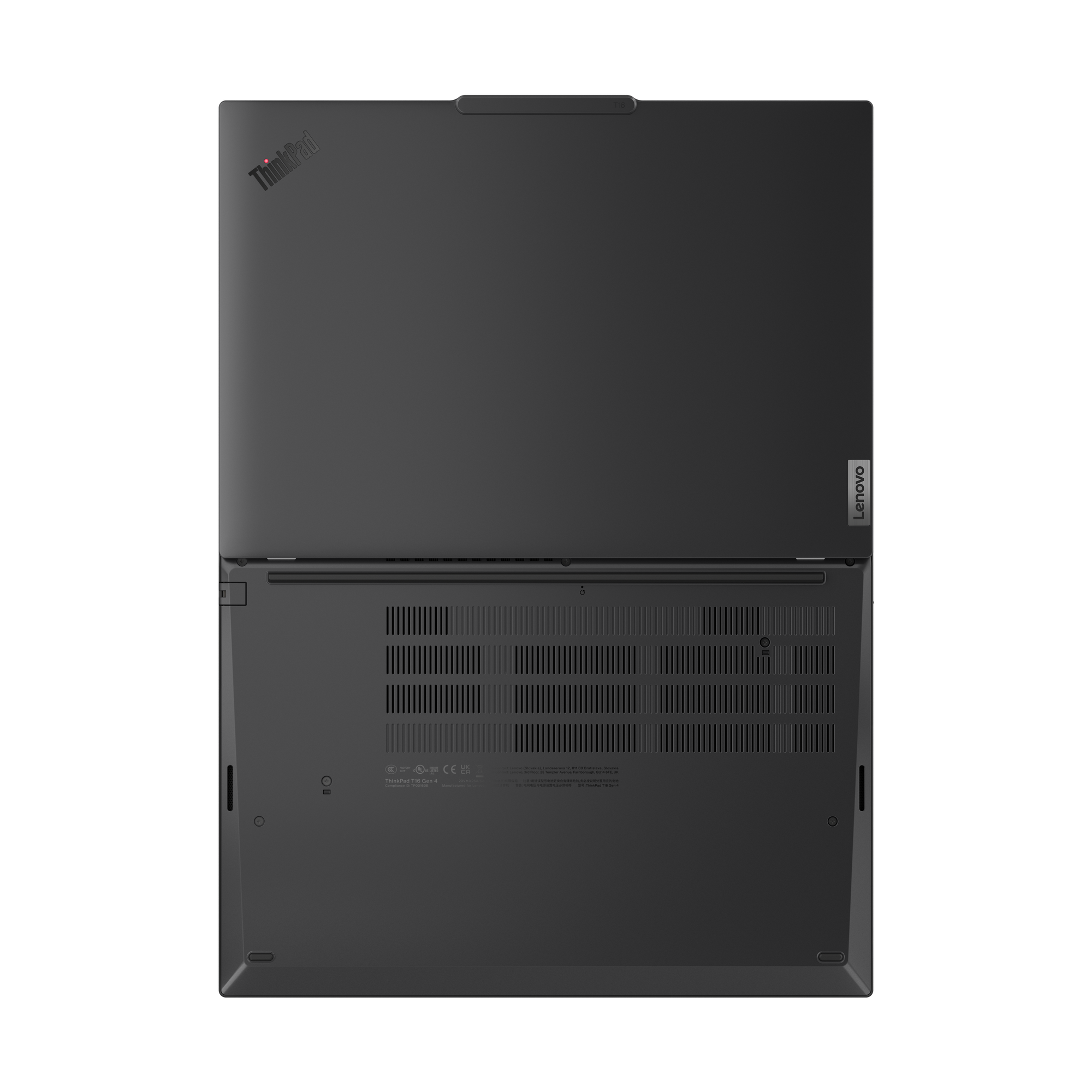 Draufsicht auf einen dunkelgrauen Lenovo ThinkPad Laptop, geöffnet. ThinkPad-Logo auf dem Deckel, Lenovo auf der Basis.