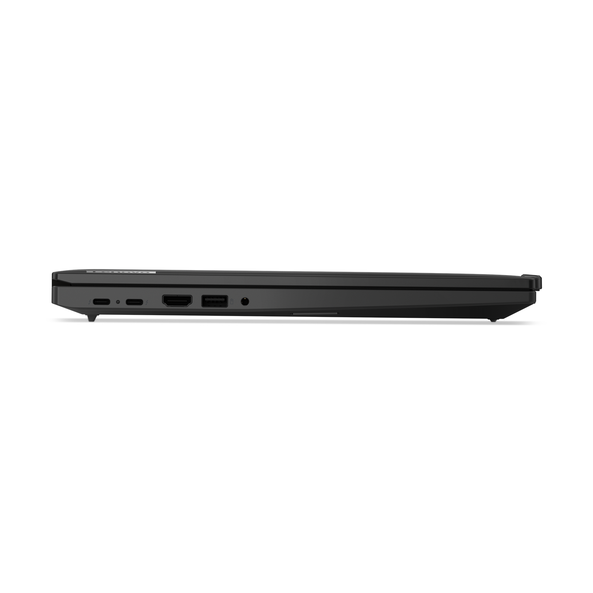 Seitenansicht eines dunkelgrauen Laptops. Anschlüsse und Konnektoren sind an der Seite sichtbar, vor schwarzem Hintergrund.