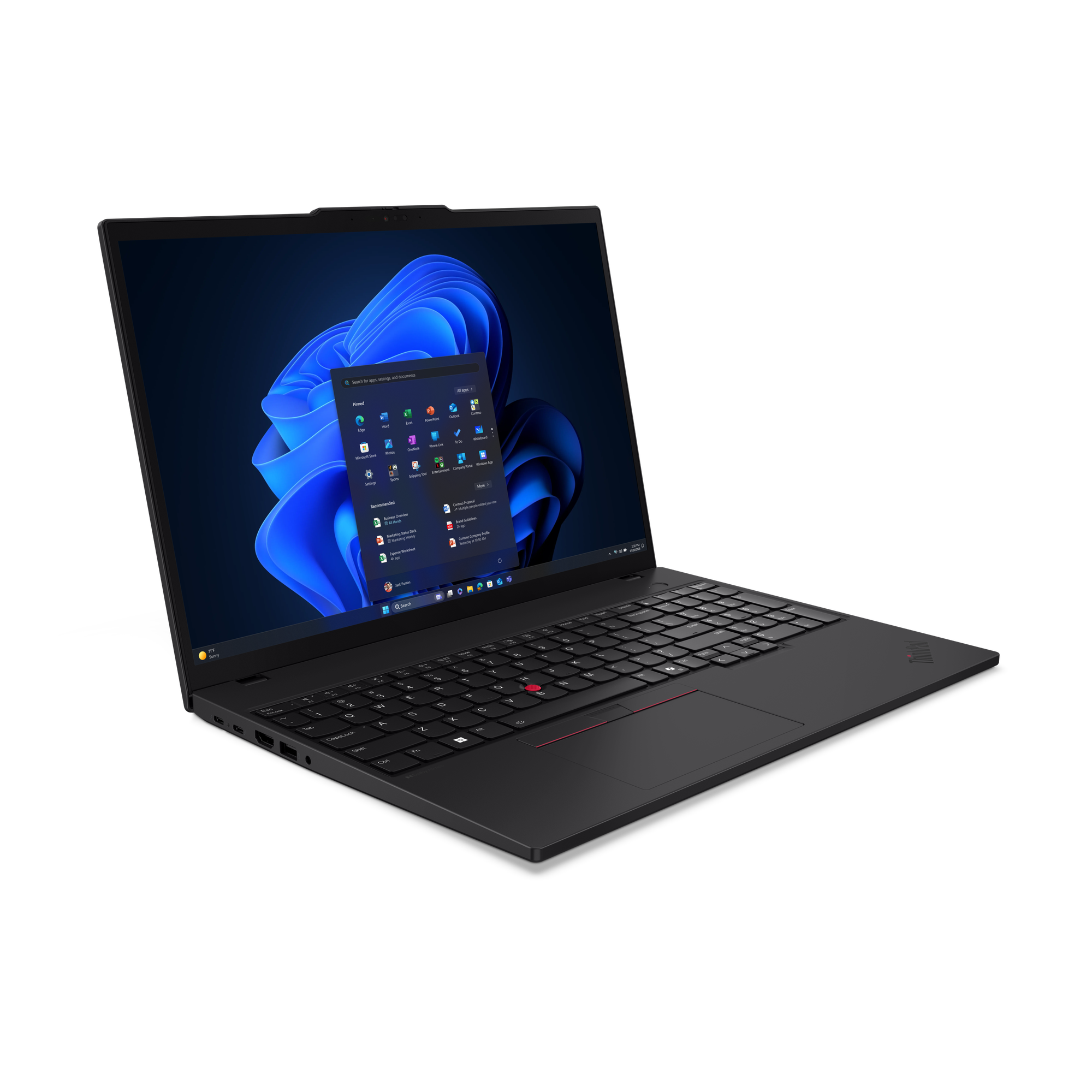 Schwarzer Laptop auf schwarzem Hintergrund. Der Bildschirm zeigt eine Windows-Oberfläche mit App-Symbolen.