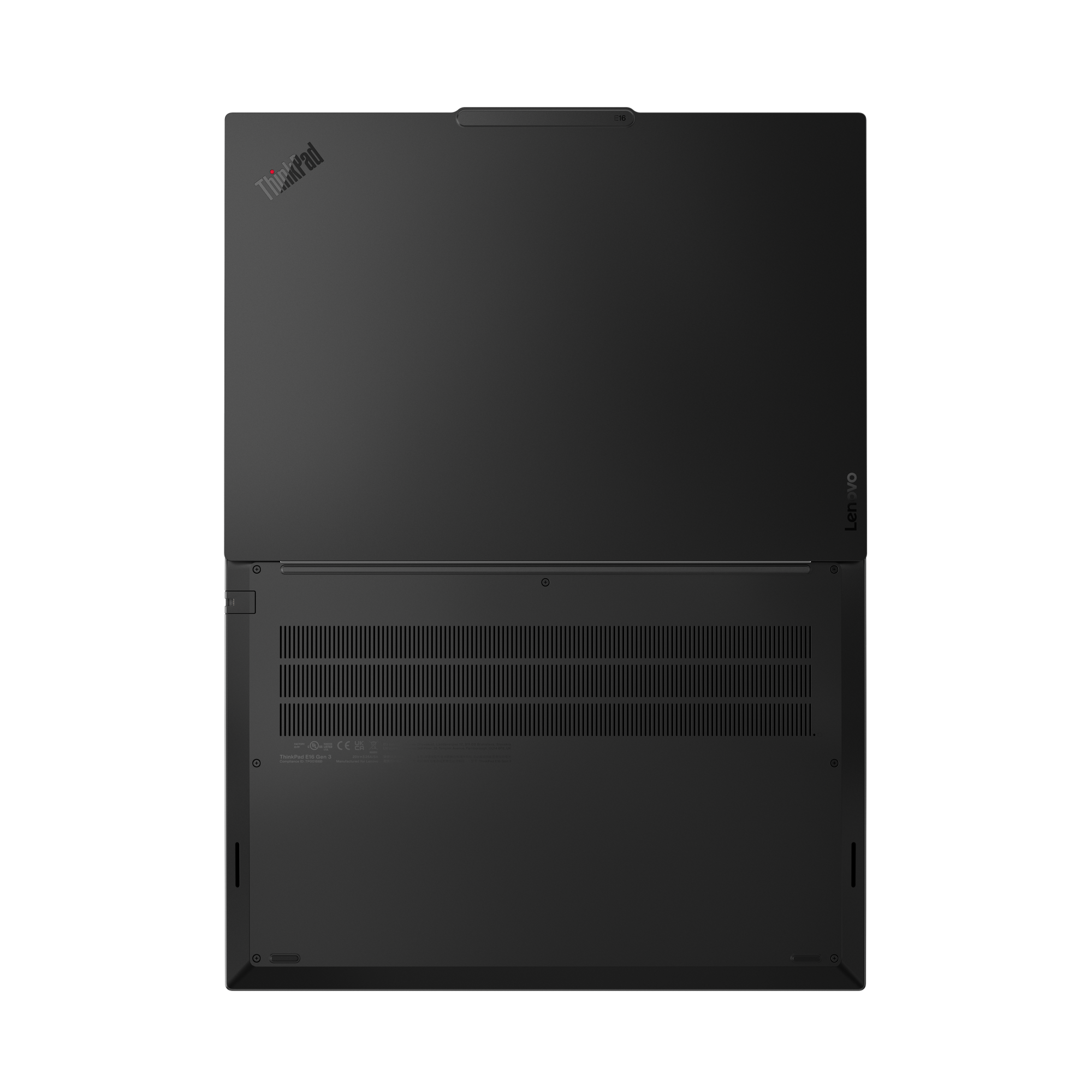 Draufsicht auf einen schwarzen Lenovo ThinkPad Laptop. Der Deckel ist geöffnet und zeigt Tastatur, Bildschirm und Logo.