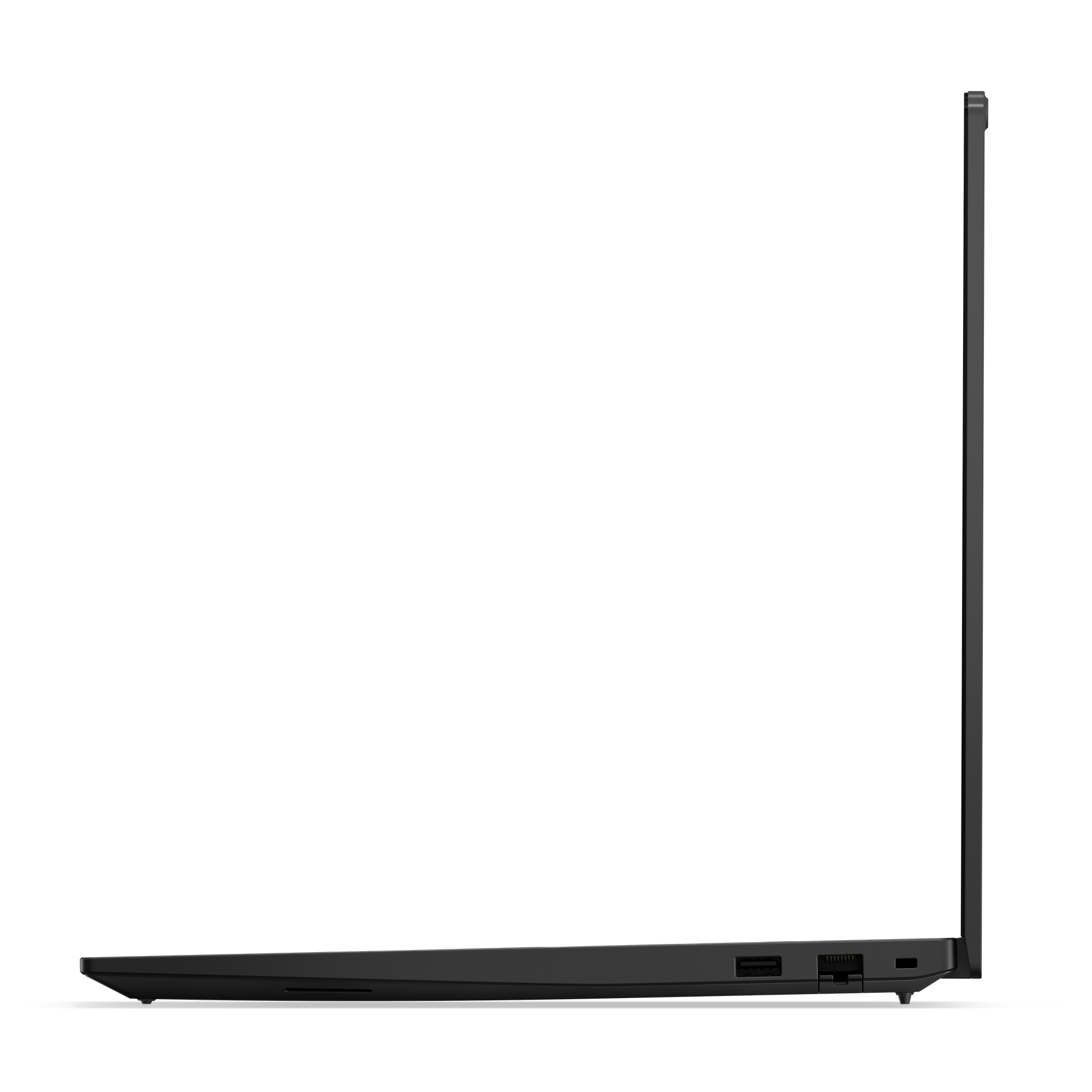 Seitenansicht eines schwarzen Laptops mit sichtbaren Anschlüssen. Der Bildschirm ist geöffnet, und der Hintergrund ist schwarz.
