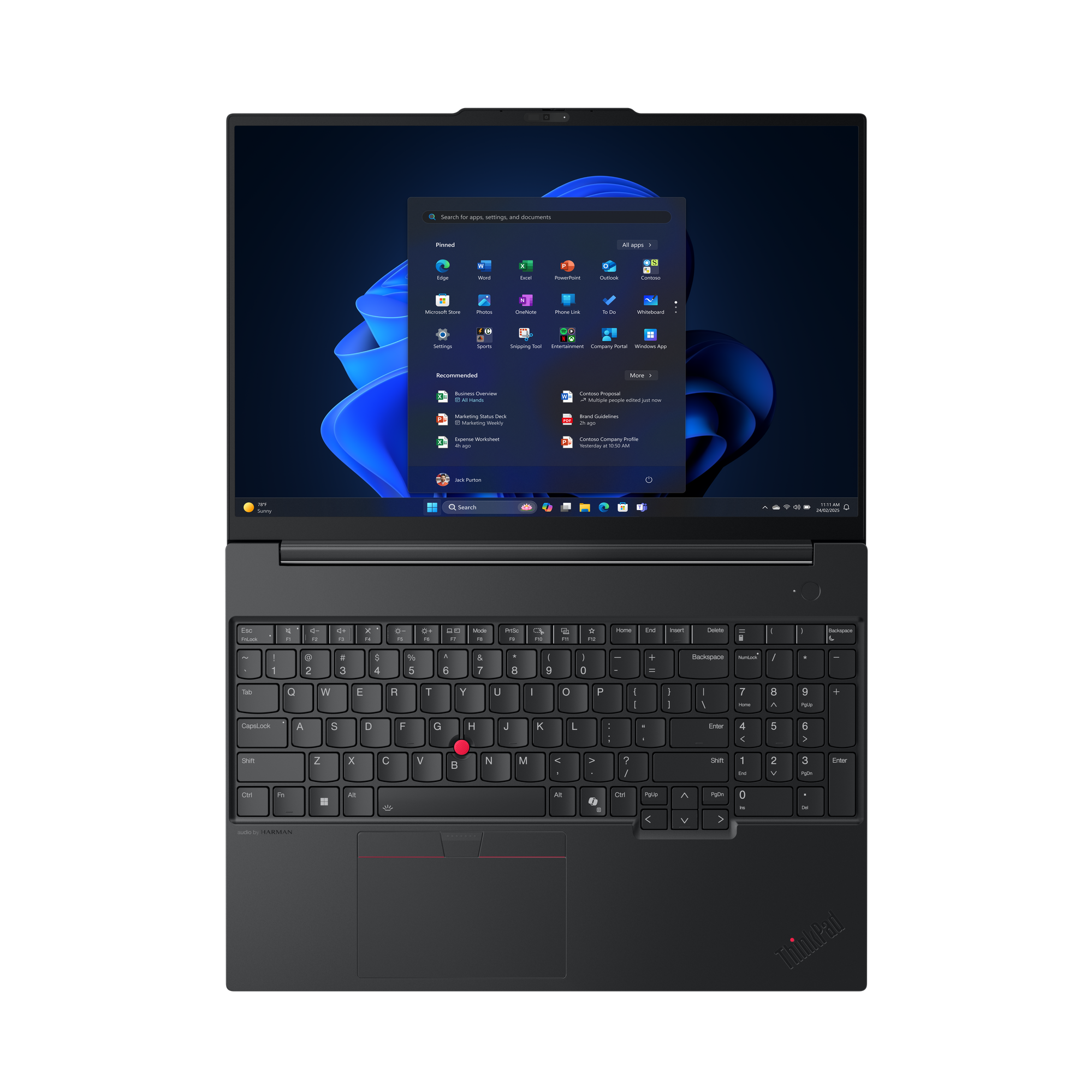 Schwarzes ThinkPad-Laptop mit Windows-Oberfläche. Tastatur sichtbar. Windows-Symbole und Suchleiste sind auf dem Bildschirm.
