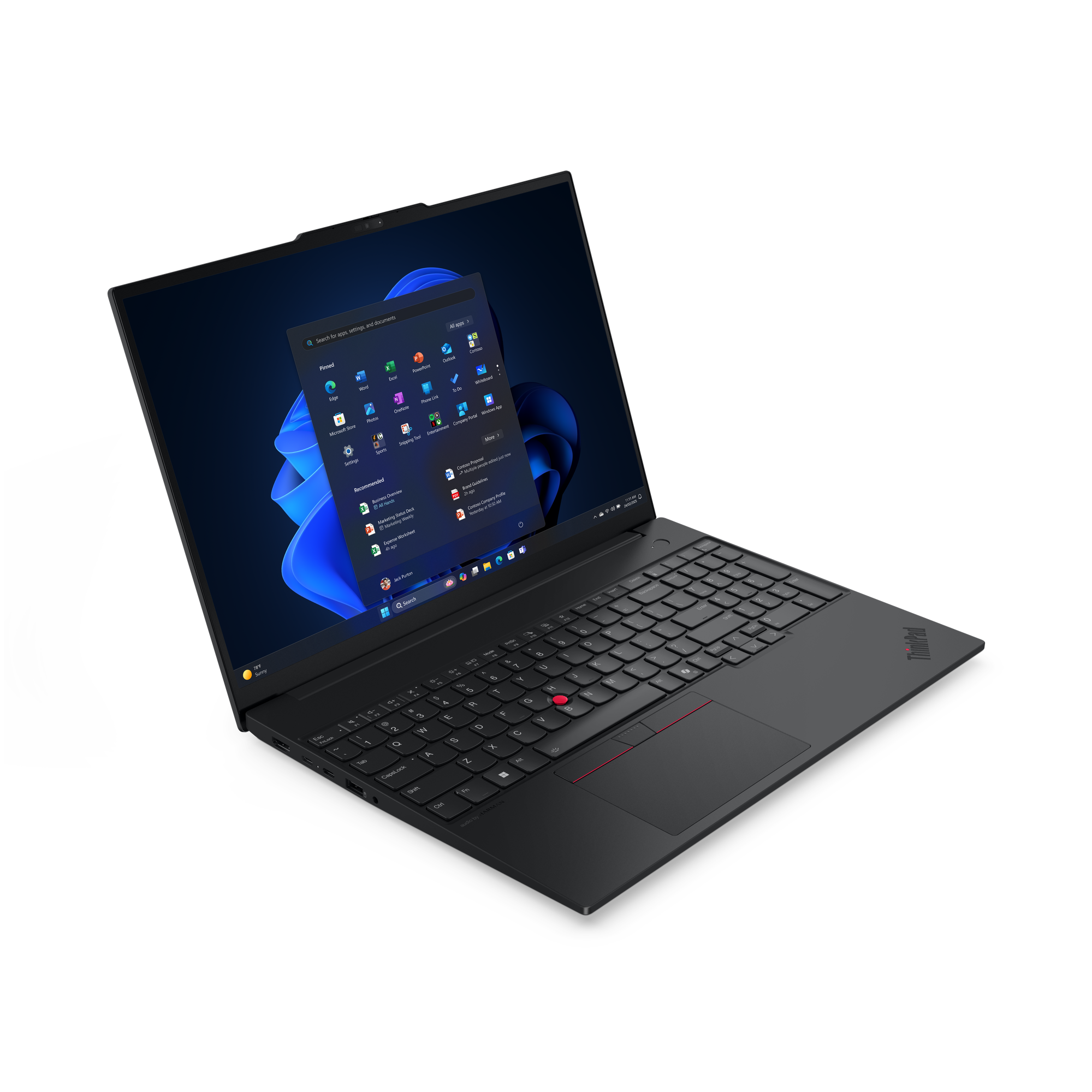 Schwarzer Lenovo ThinkPad Laptop, geöffnet mit Windows Apps Oberfläche. Tastatur sichtbar. Schwarzer Hintergrund.
