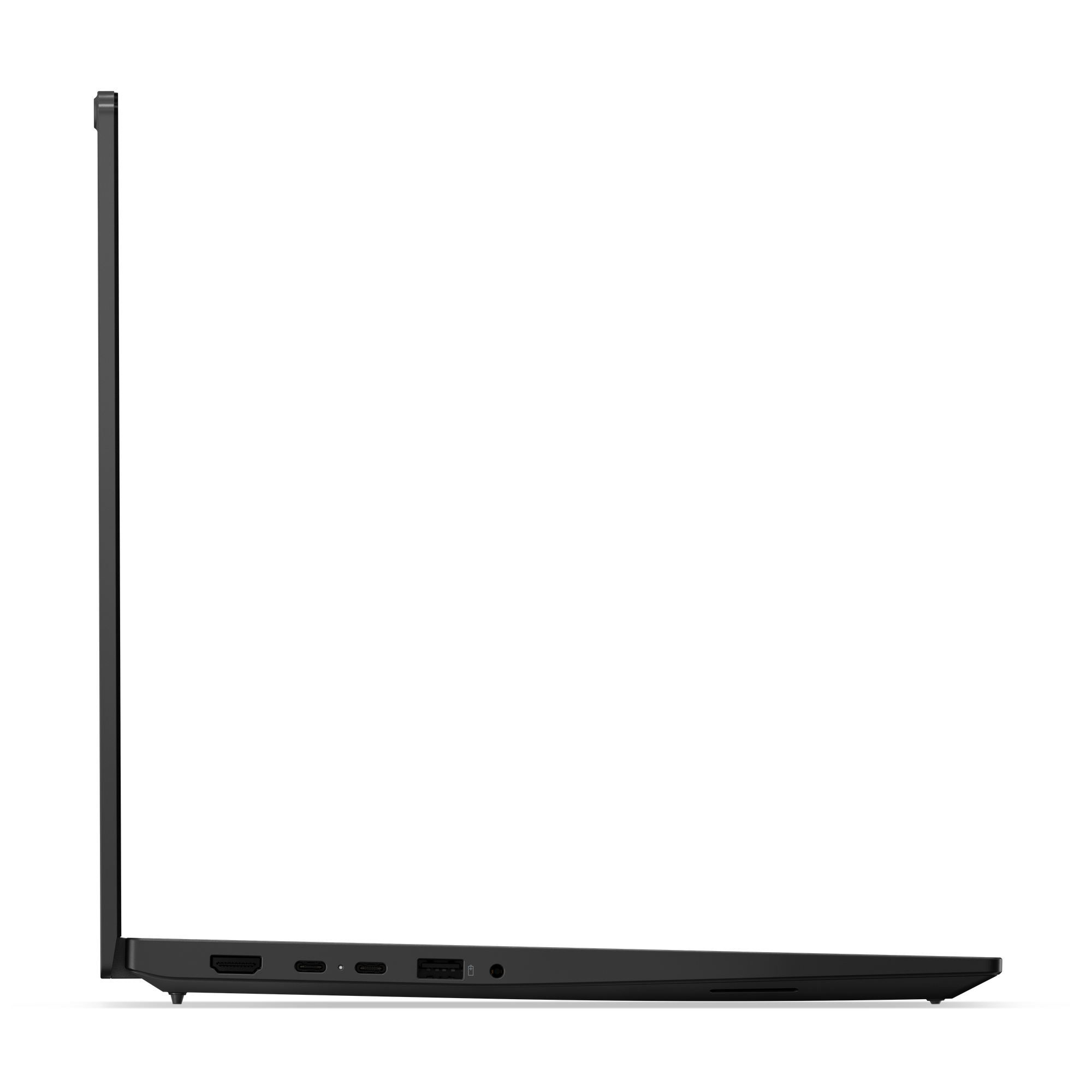 Seitenansicht eines schwarzen Laptops. Anschlüsse an der Seite sind HDMI, USB-C und Kopfhöreranschluss.