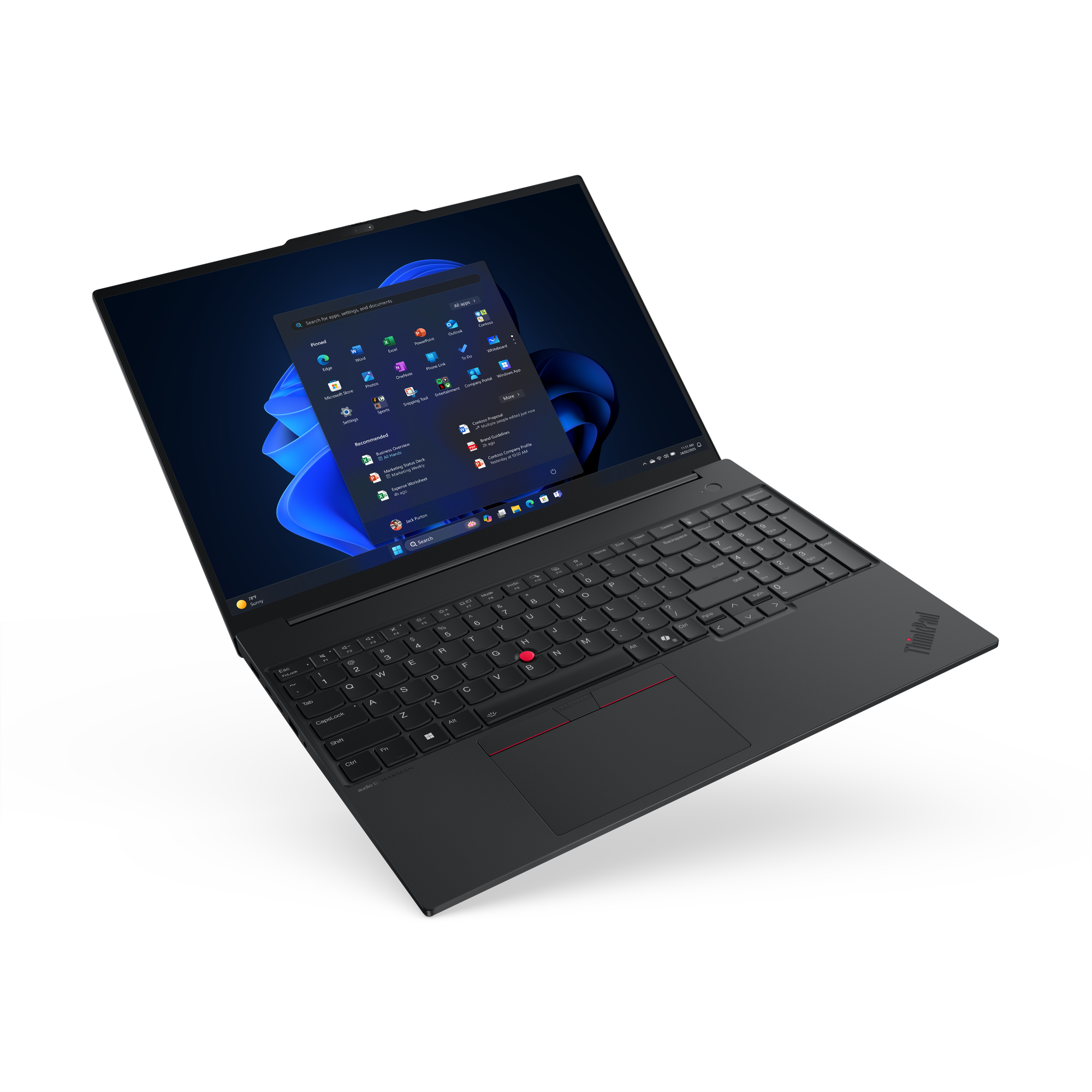 Ein schwarzes Lenovo ThinkPad-Laptop ist geöffnet und zeigt die Windows 11-Oberfläche. Tastatur und Touchpad sind sichtbar.