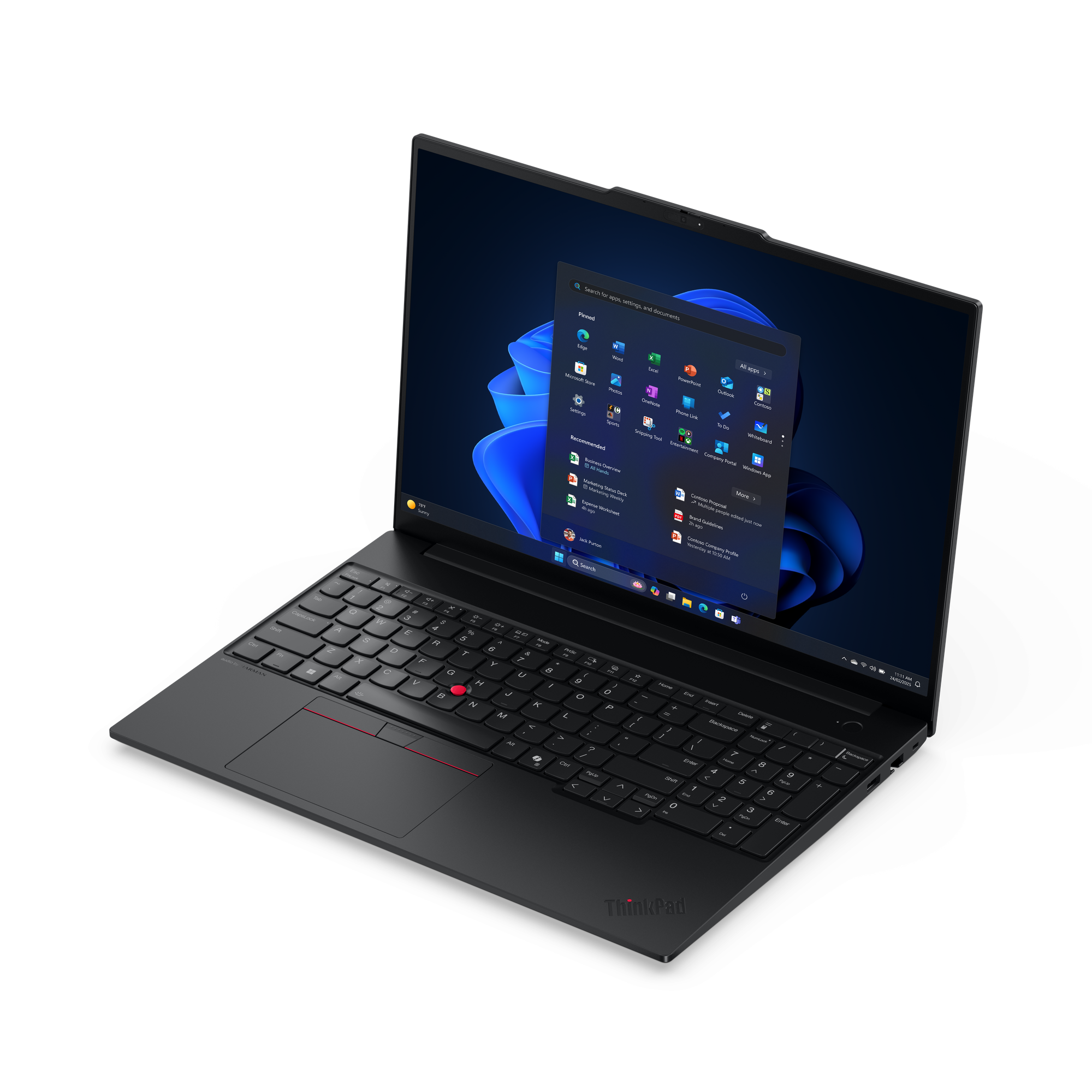 Schwarzer ThinkPad-Laptop geöffnet, Windows-Oberfläche wird angezeigt. Tastatur sichtbar, roter Trackpoint. Bildschirm zeigt Apps.