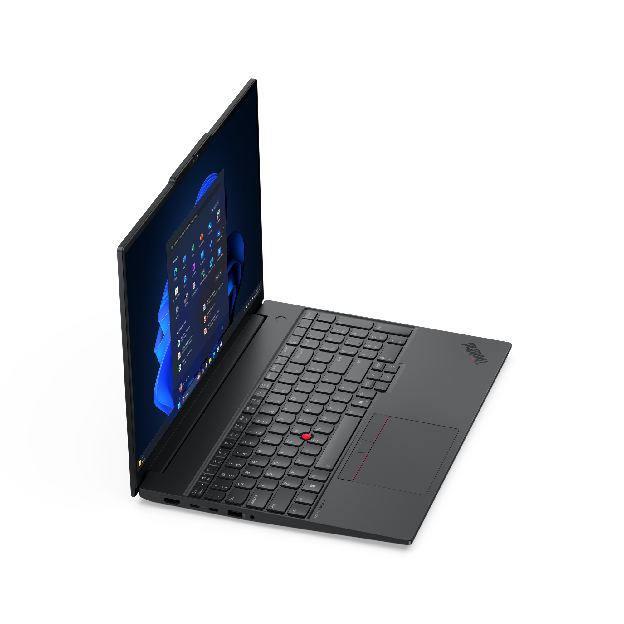 Schwarzer Lenovo ThinkPad Laptop geöffnet, Tastatur und Bildschirm mit Windows-Oberfläche, auf schwarzem Hintergrund.
