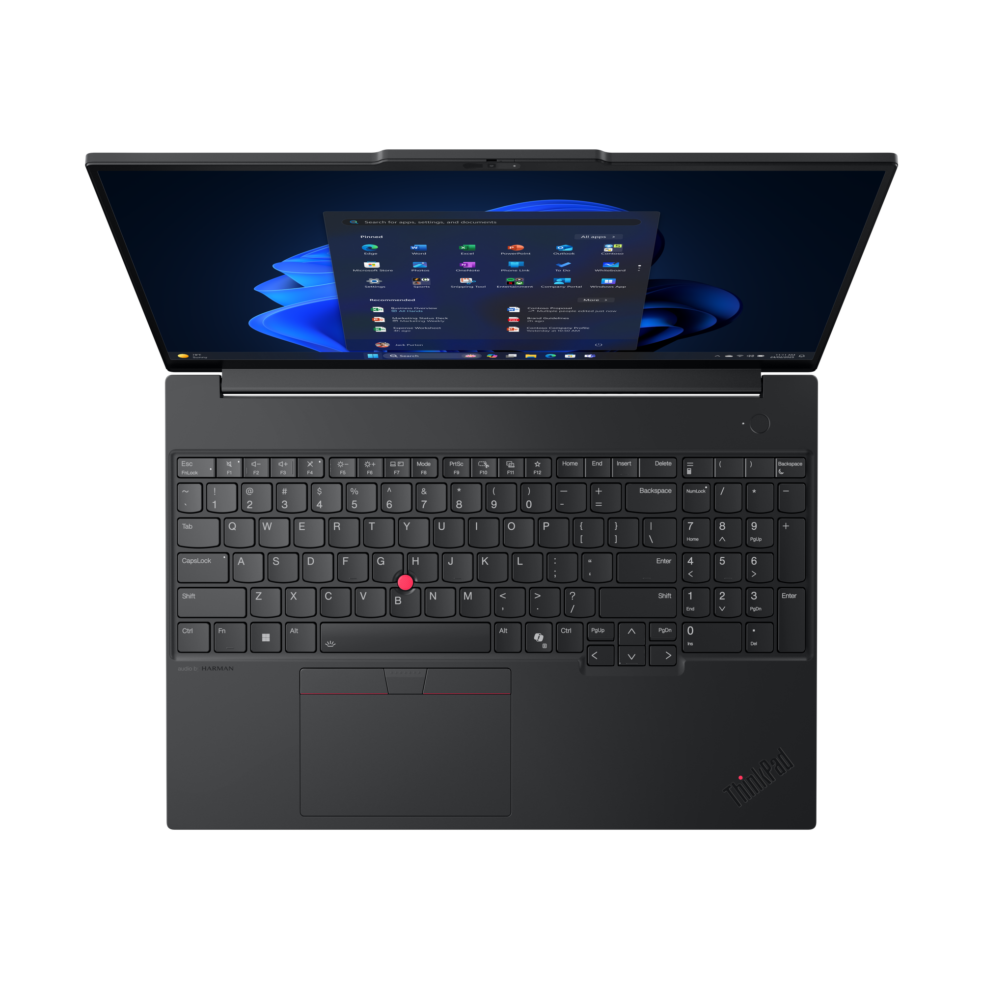 Ein schwarzes ThinkPad-Laptop, offen. Der Bildschirm zeigt das Windows-Startmenü. Tastatur sichtbar, mit rotem Trackpoint.
