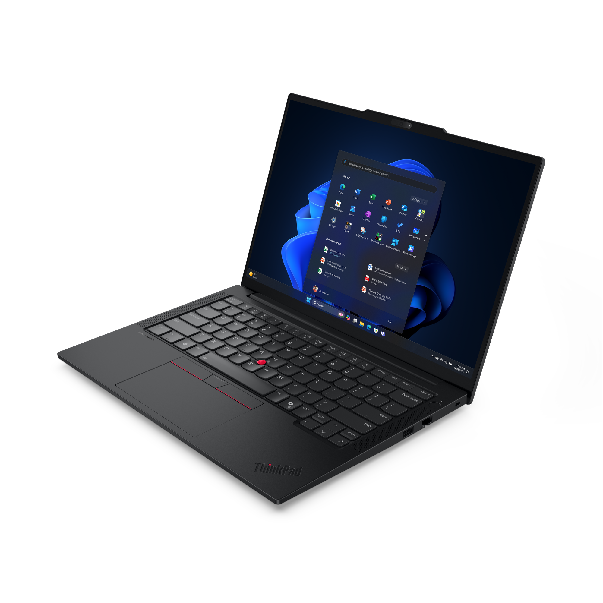 Schwarzer ThinkPad-Laptop, geöffnet, mit Tastatur, Trackpad und Bildschirm, der das Windows-Startmenü anzeigt.