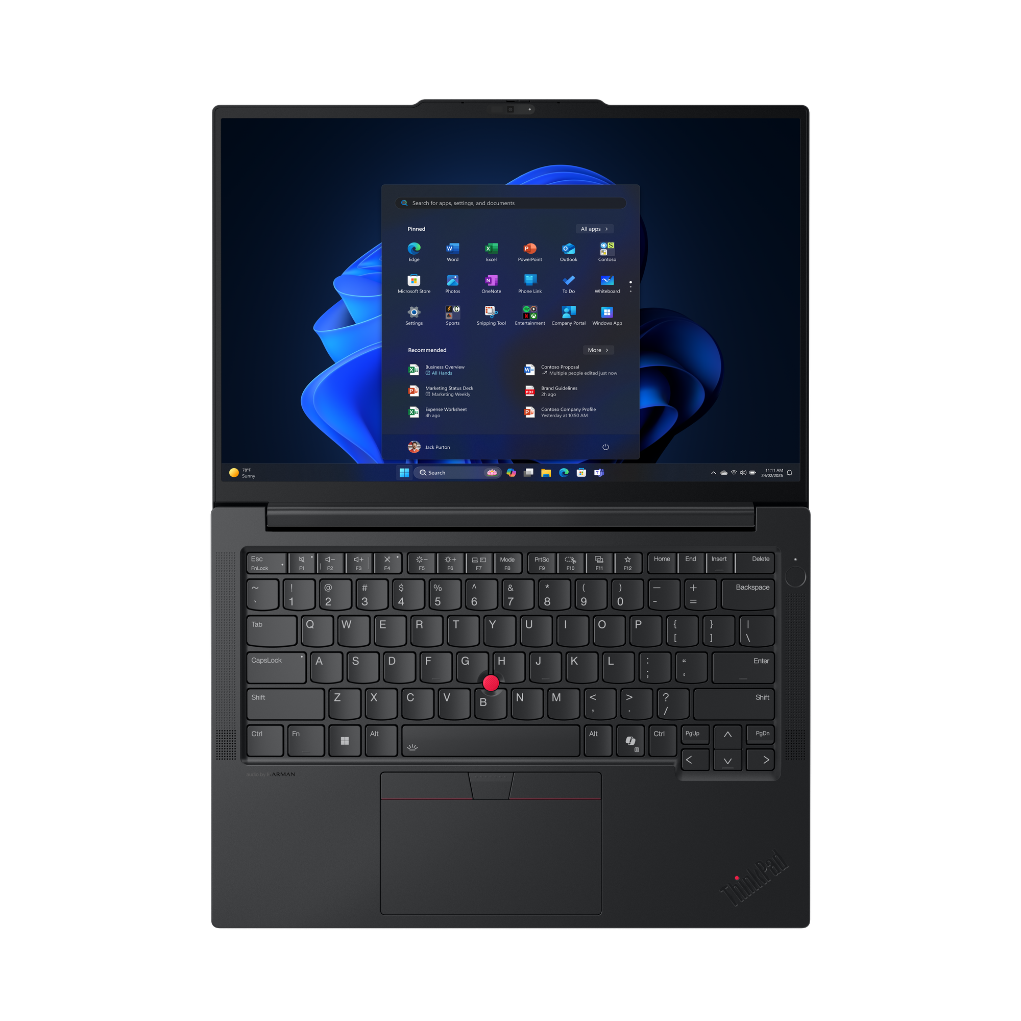 Schwarzer Laptop mit Windows-Oberfläche, Tastatur sichtbar. Bildschirm zeigt App-Symbole.