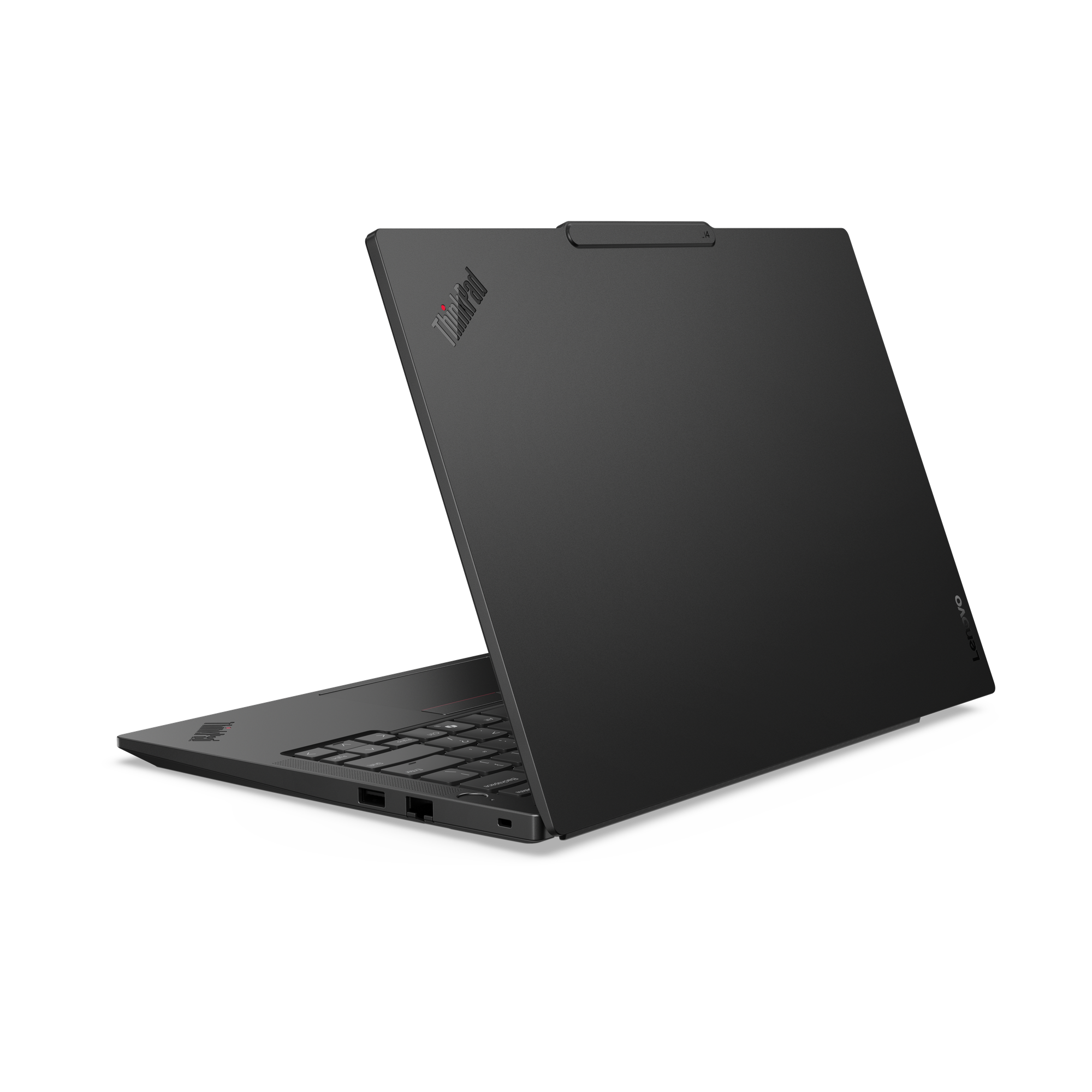 Schwarzer Lenovo ThinkPad Laptop, teilweise geöffnet. Tastatur und Bildschirm sind sichtbar. Der Hintergrund ist schwarz.