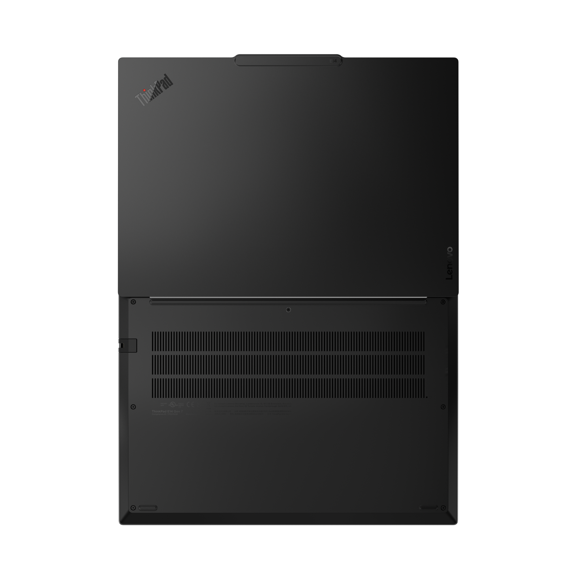 Ein schwarzer Laptop von oben gesehen. Der Bildschirm ist geöffnet und zeigt eine schwarze Oberfläche. Die Logos von Lenovo und ThinkPad sind sichtbar.