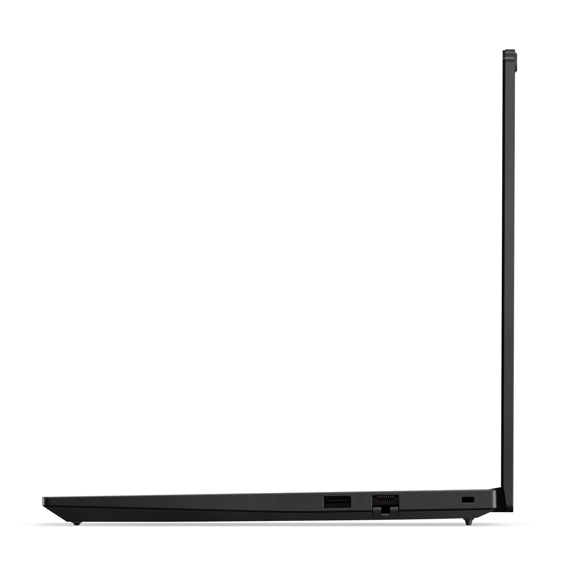 Seitenansicht eines schwarzen Laptops mit Seitenprofil, Anschlüssen und geschlossenem Bildschirm. Der Hintergrund ist schwarz.