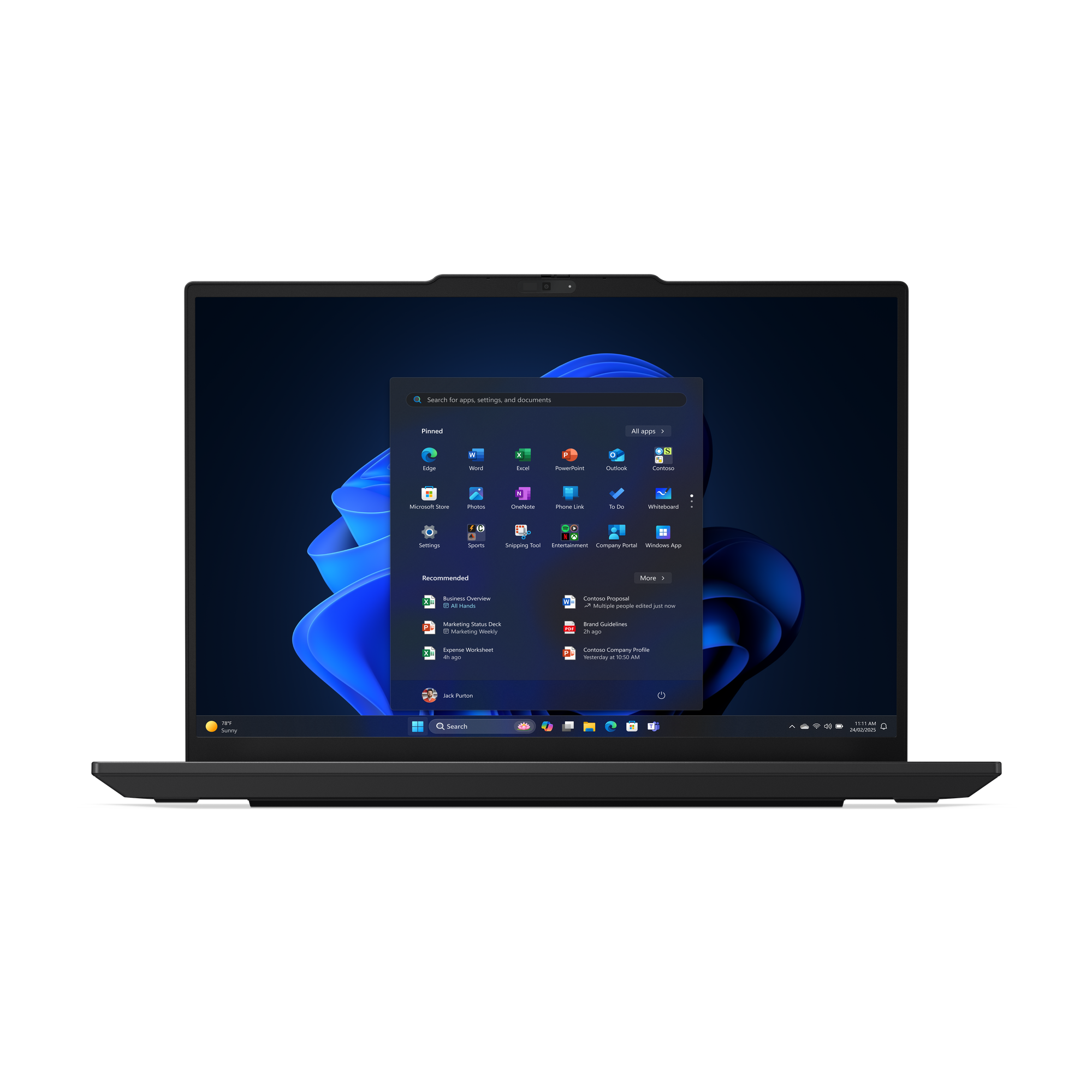 Ein Laptop zeigt das Windows 11 Startmenü. App-Symbole sind sichtbar. Der Hintergrund ist ein dunkles, wirbelndes Blau-Schwarz-Design.