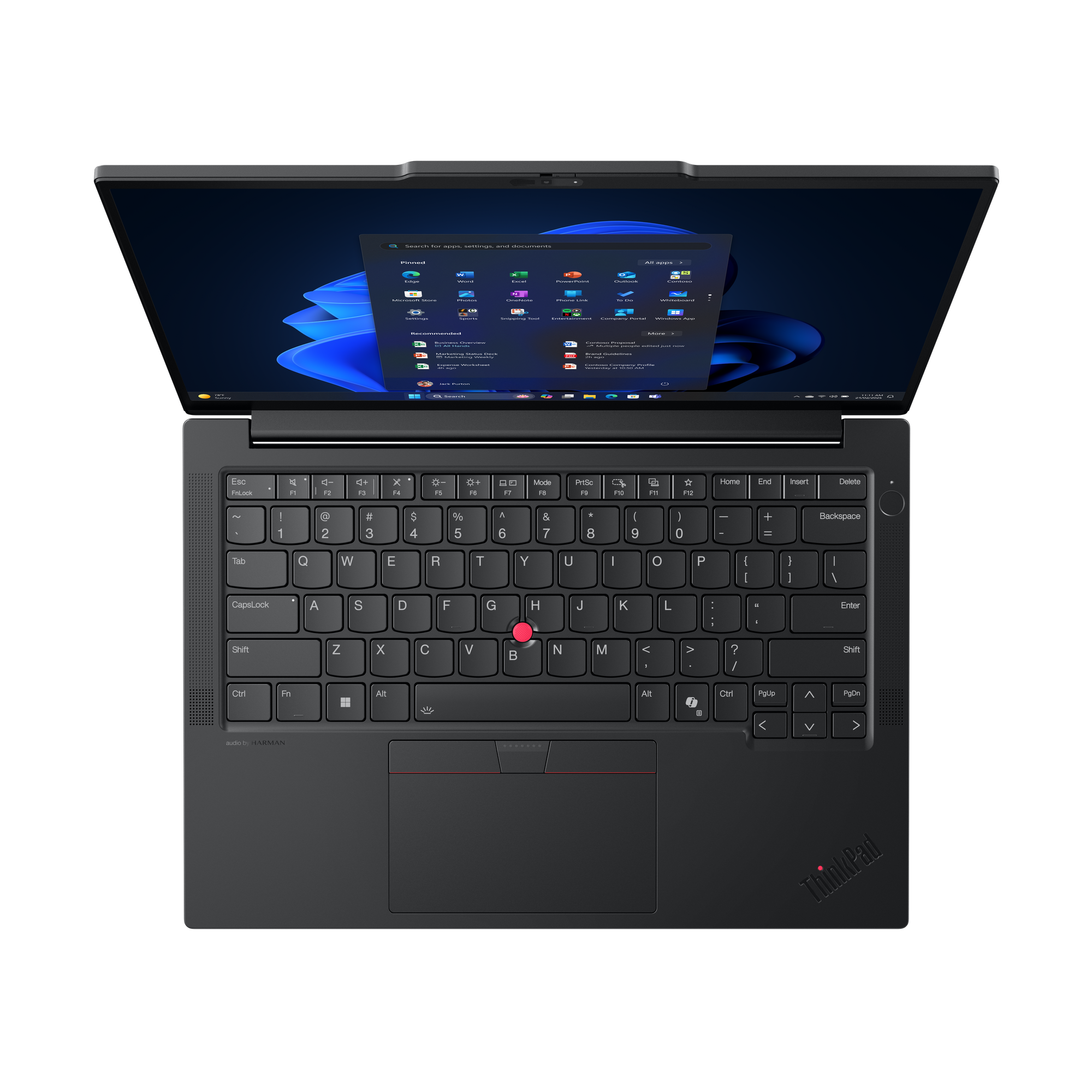 Draufsicht auf einen geöffneten schwarzen Laptop mit Windows-Oberfläche, Tastatur sichtbar und einem Touchpad mit rotem Akzent.