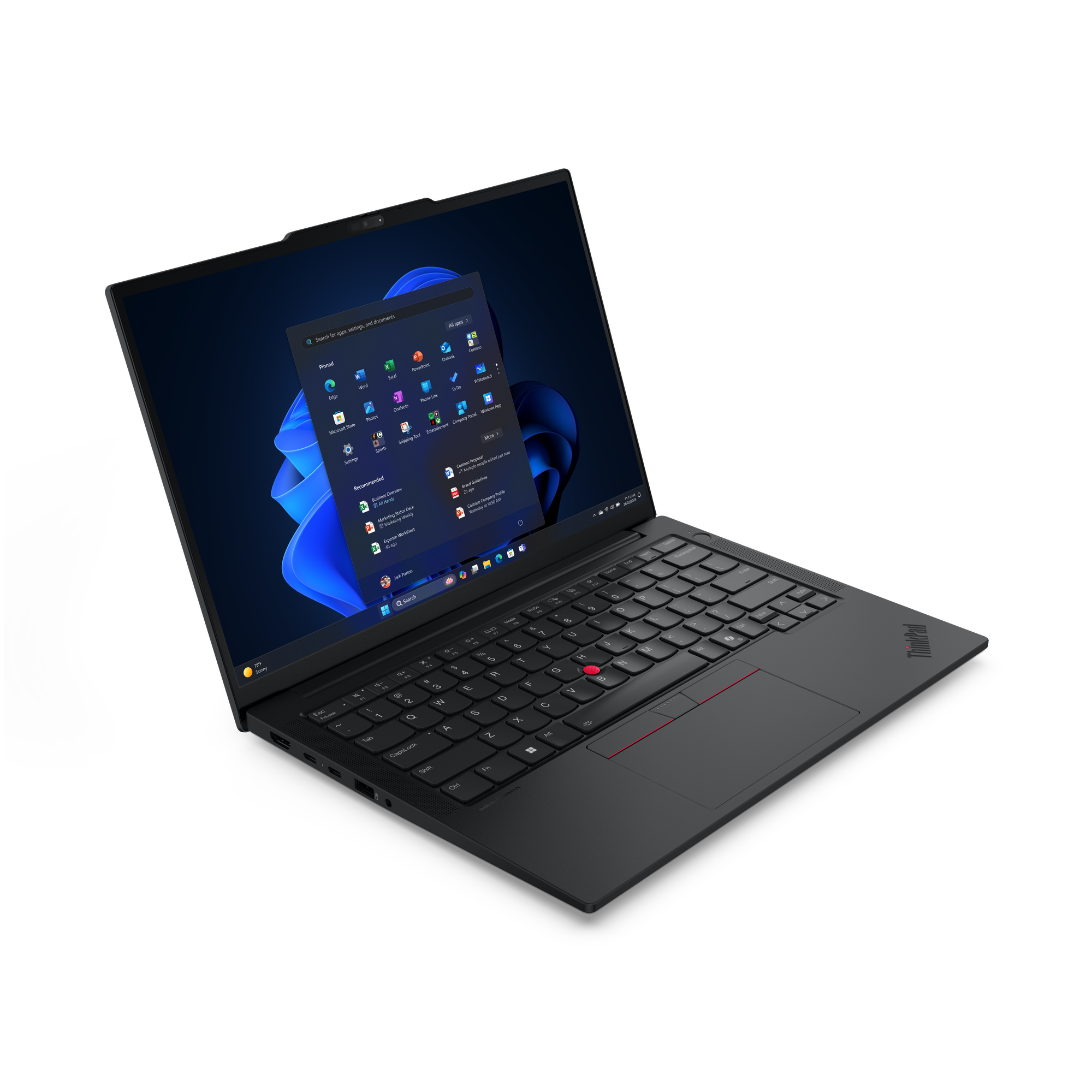Schwarzer Lenovo ThinkPad Laptop, geöffnet, mit Windows-Oberfläche. Tastatur und Touchpad sichtbar, vor dunklem Hintergrund.