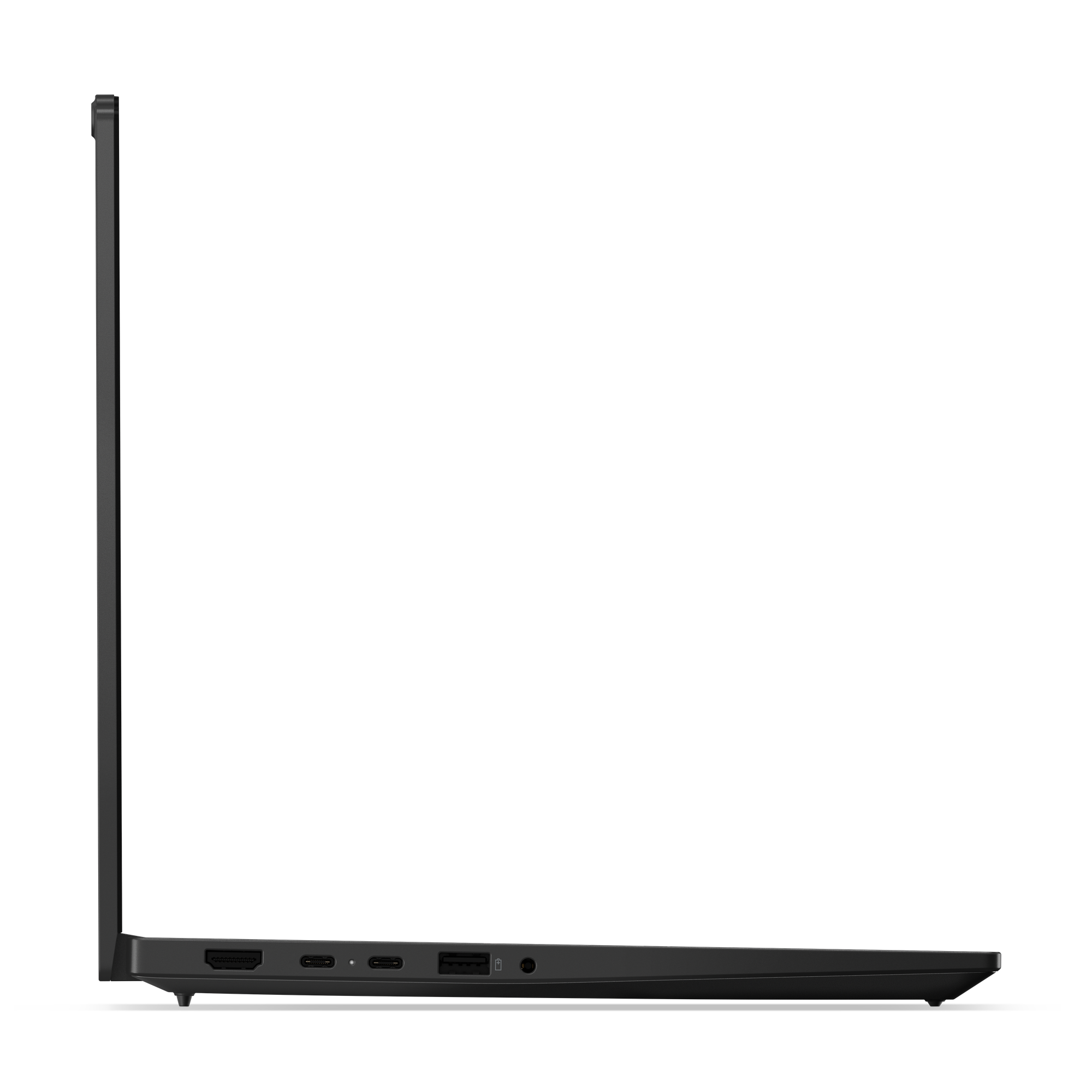 Seitenansicht eines schwarzen Laptops. Sichtbare Anschlüsse sind HDMI, USB-C und ein Kopfhöreranschluss. Der Bildschirm ist geschlossen.