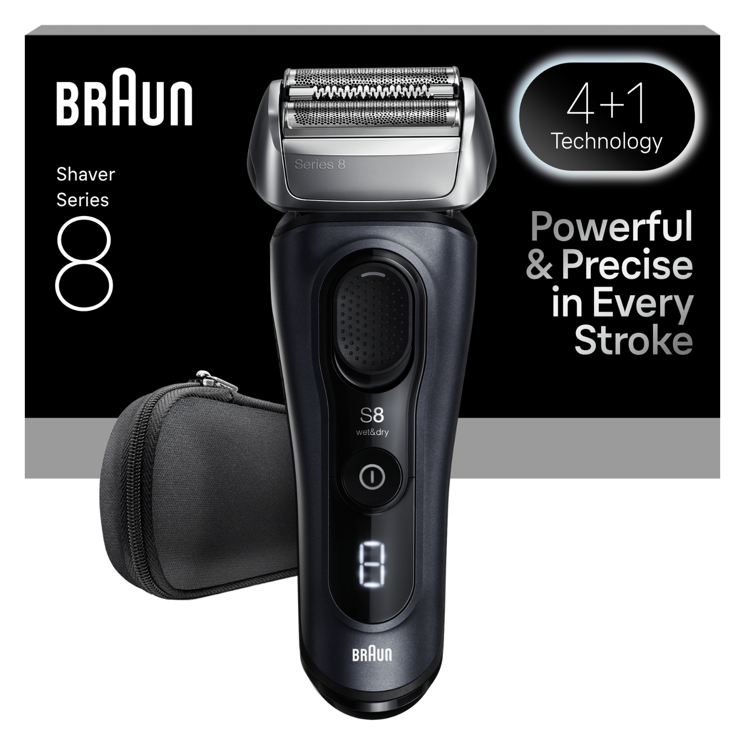Afeitadora Braun Series 8, negra y plateada, con estuche. Texto: 'Powerful & Precise in Every Stroke' y '4+1 Technology'.