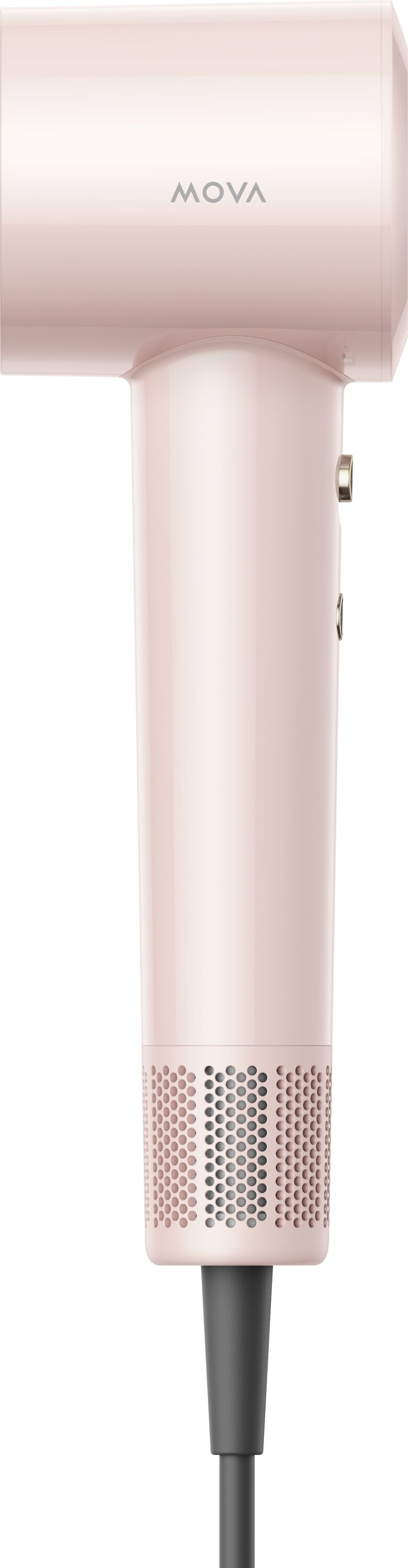 Jasnoróżowa suszarka do włosów z napisem MOVA na górze. Suszarka ma cylindryczny korpus i czarny kabel.