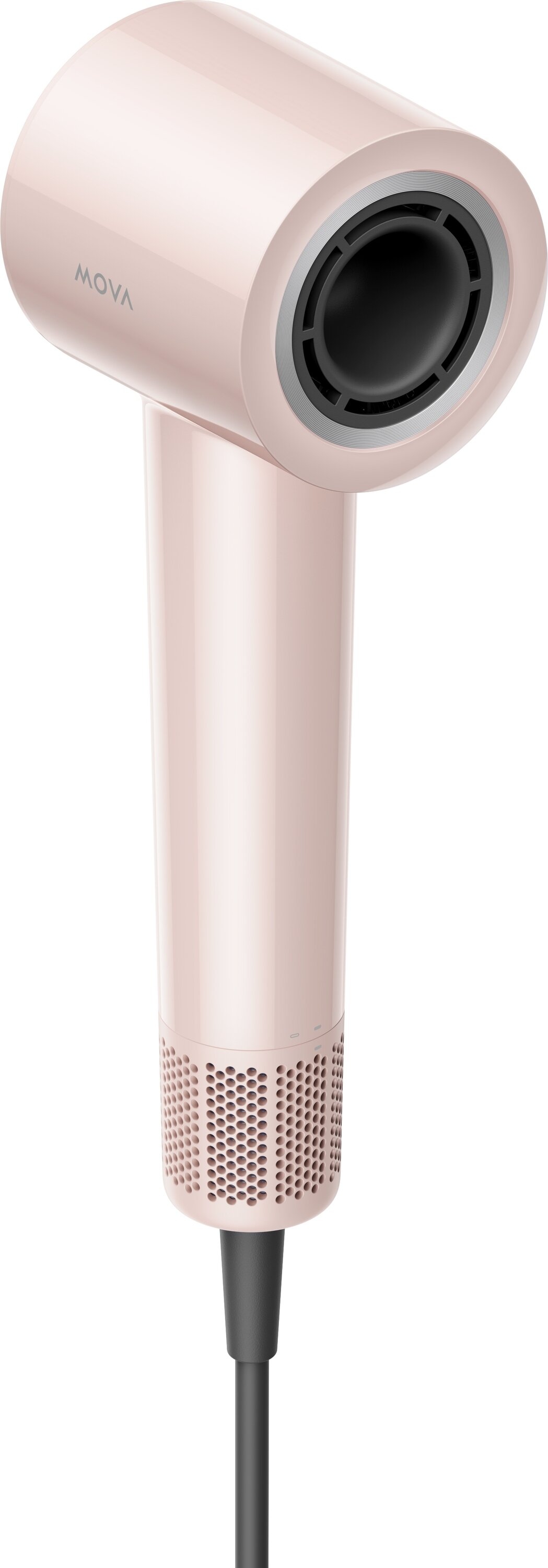 Różowa suszarka do włosów z czarnym wylotem powietrza i czarnym kablem zasilającym. Słowo MOVA jest wydrukowane z boku.