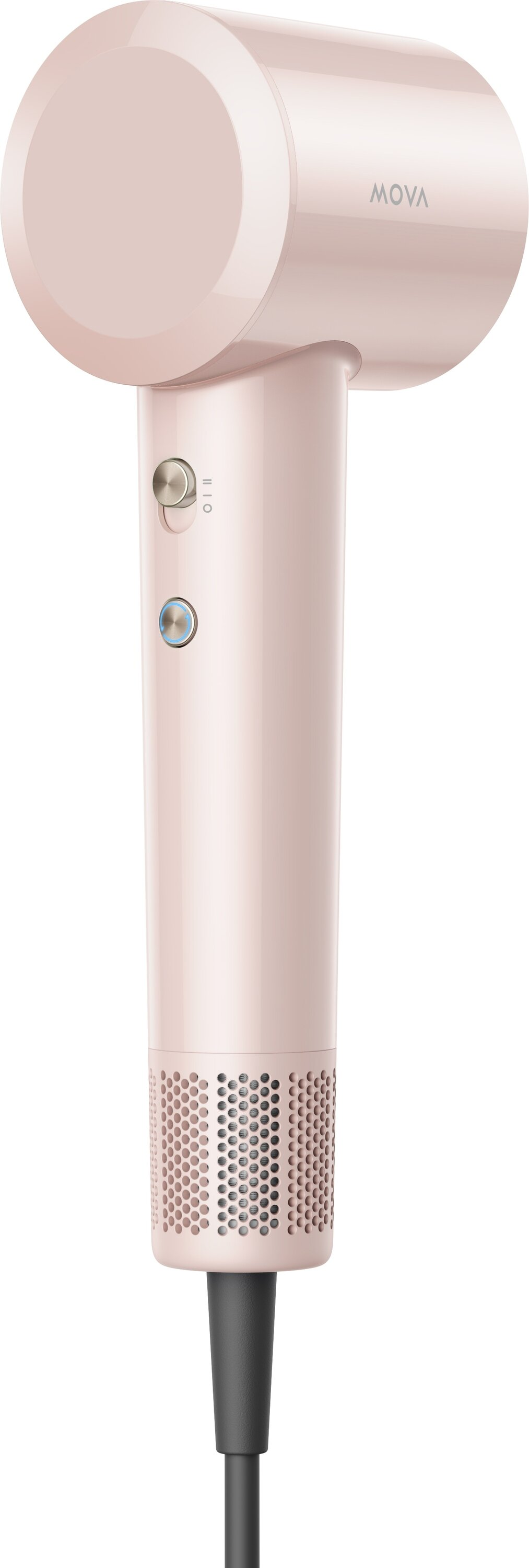 Różowa suszarka do włosów z marką MOVA, ma przyciski i czarny przewód.