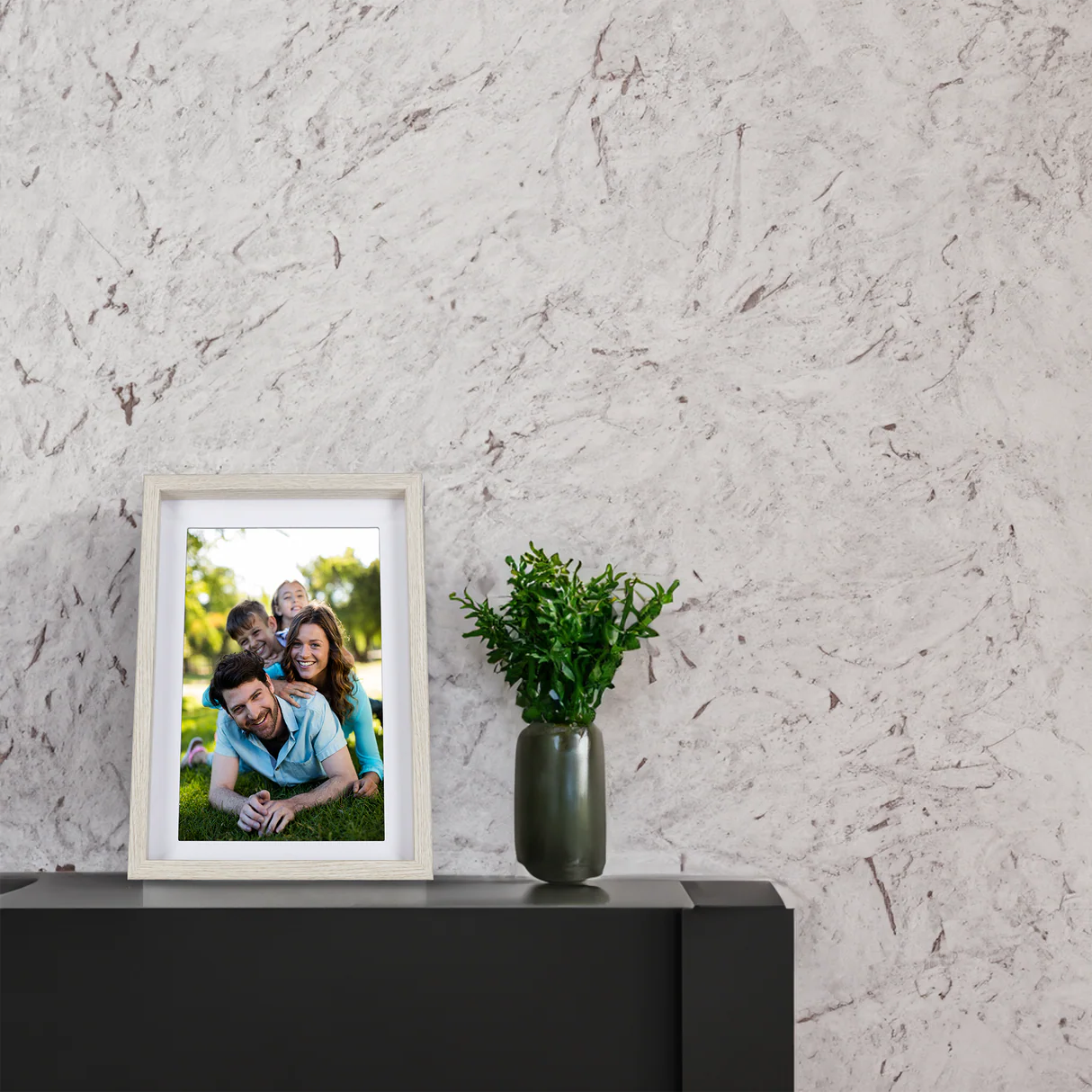 Photo de famille encadrée sur une surface noire, avec plante verte dans un vase à droite et mur texturé en arrière-plan.