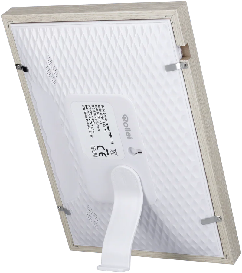 Arrière d'un Rollei Smart Frame WIFI 108. Il a un dos blanc à motifs, un support blanc et un cadre de couleur bois clair.