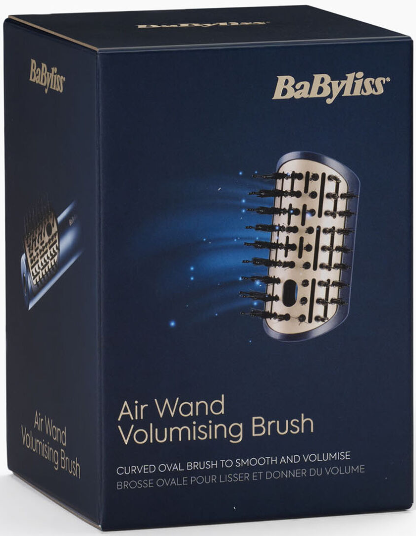 Eine dunkelblaue Schachtel eines Haarstyling-Werkzeugs. Der Text 'Air Wand Volumising Brush' und 'BaByliss' sind sichtbar. Eine Bürste ist auf der Schachtel abgebildet.