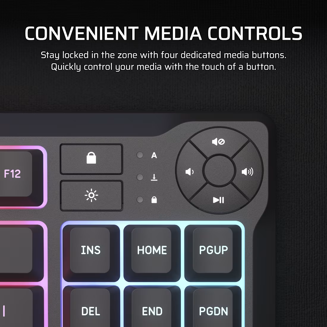 Un clavier avec des contrôles multimédias. Il a des boutons pour le volume, lecture/pause et autres fonctions. Les touches sont rétro-éclairées.
