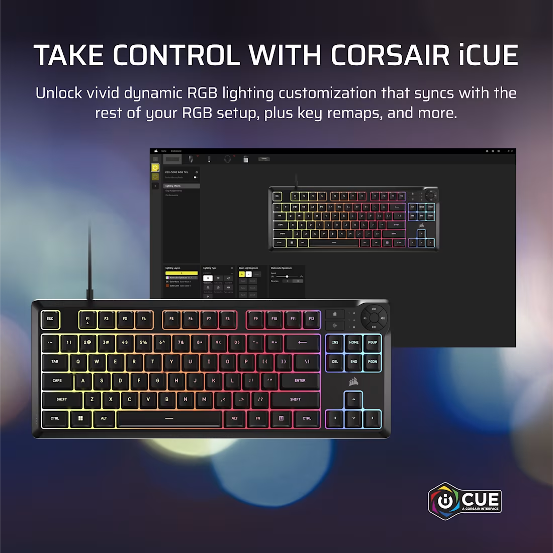 Un clavier Corsair noir avec éclairage RGB, affichant l'interface du logiciel, avec du texte blanc. L'arrière-plan est flou.