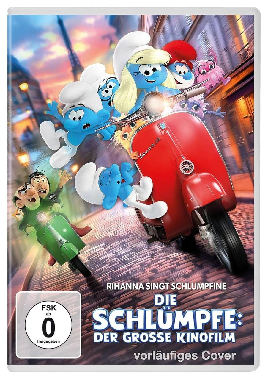 Schlümpfe auf einem roten Vespa-Roller, andere Schlümpfe und Charaktere sind dabei. Im Hintergrund der Eiffelturm.