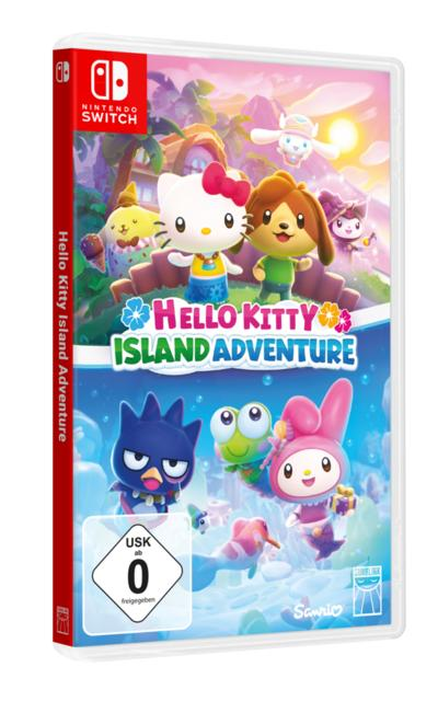 Spielehülle von Hello Kitty Island Adventure. Hello Kitty und Freunde sind auf dem Cover. Nintendo Switch-Logo oben.