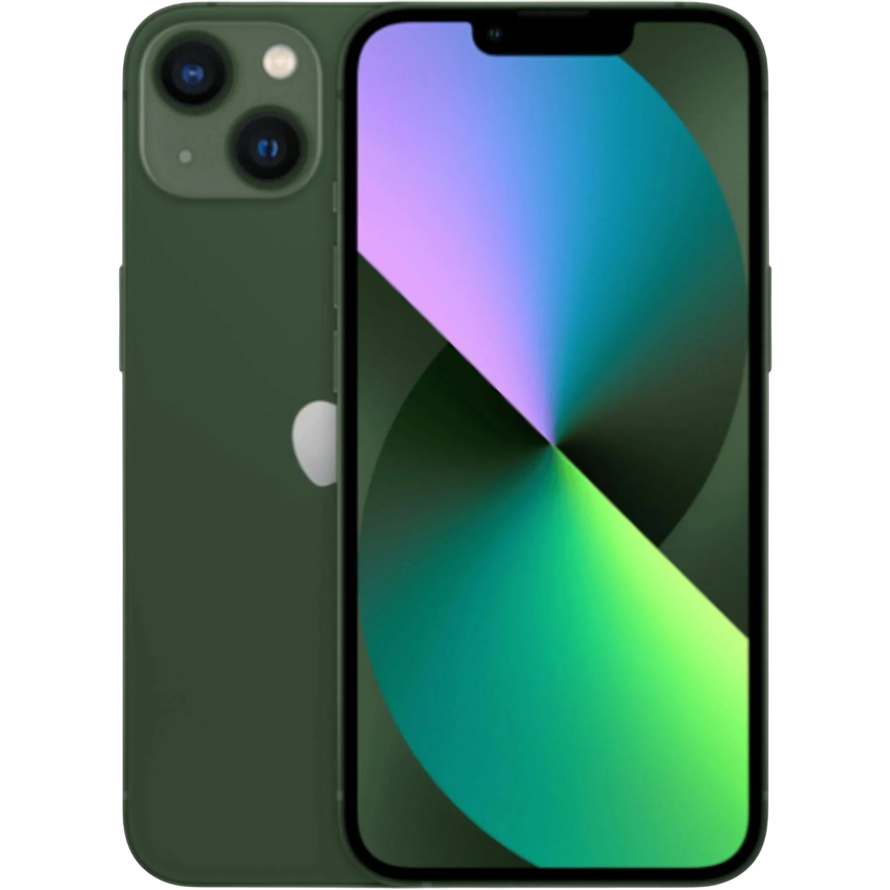 İki kameralı ve renkli ekranlı yeşil iPhone 13. Arka plan siyahtır.