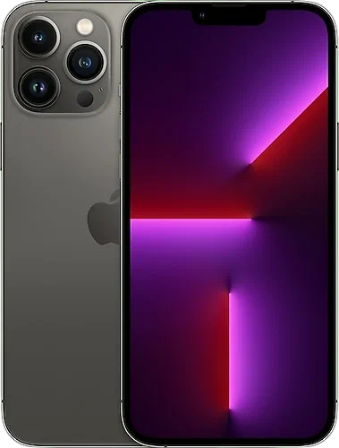 Gri bir iPhone, arka ve ekranını gösteriyor. Ekran kırmızı ve mor ışık gösteriyor. Üç kamera merceği görülebilir.