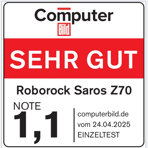 Eine Computer Bild Bewertung für Roborock Saros Z70. Es steht 'SEHR GUT' und eine Note von 1,1. Es hat das Datum vom 24.04.2025.