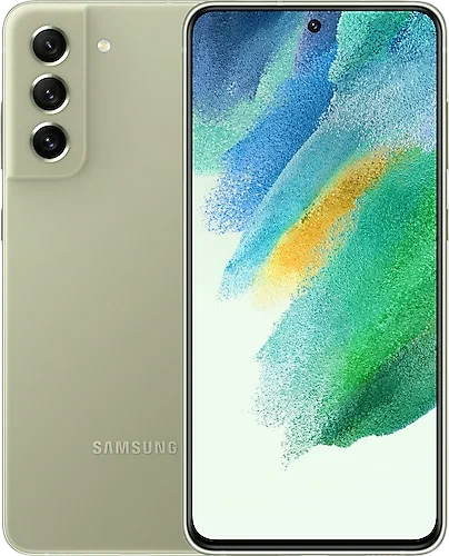 Akıllı telefon, yan görünüm, açık yeşil renk. Arkada üç kamera. Ekran, renkli, soyut bir tasarım sergiliyor.